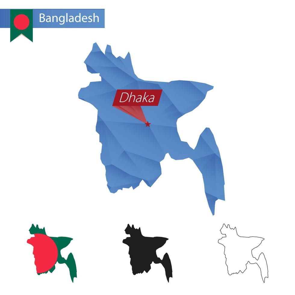 Bangladesch blaue Low-Poly-Karte mit Hauptstadt dhaka. vektor