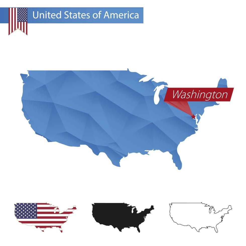 USA blå låg poly Karta med huvudstad Washington. vektor