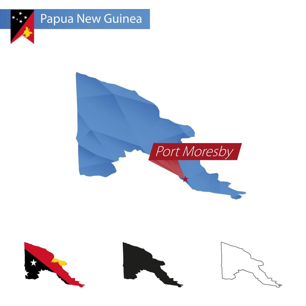 papua ny guinea blå låg poly Karta med huvudstad hamn moresby. vektor