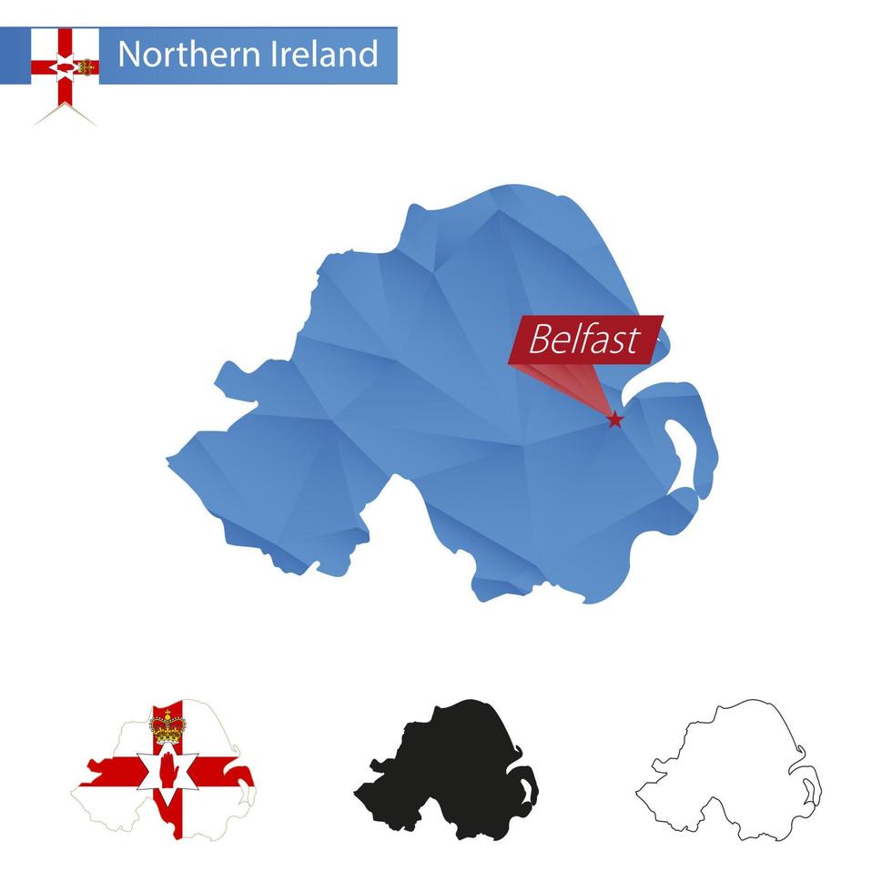 nordlig irland blå låg poly Karta med huvudstad belfast. vektor