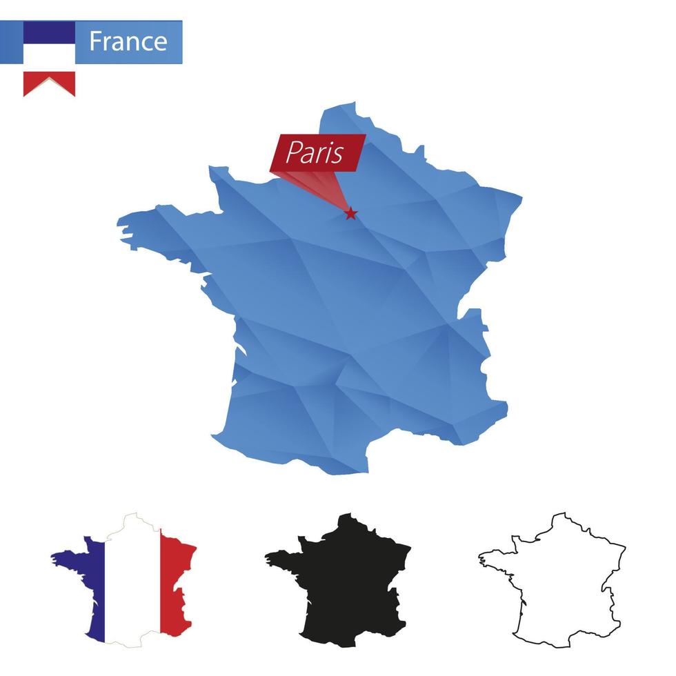 frankreich blaue low-poly-karte mit hauptstadt paris. vektor