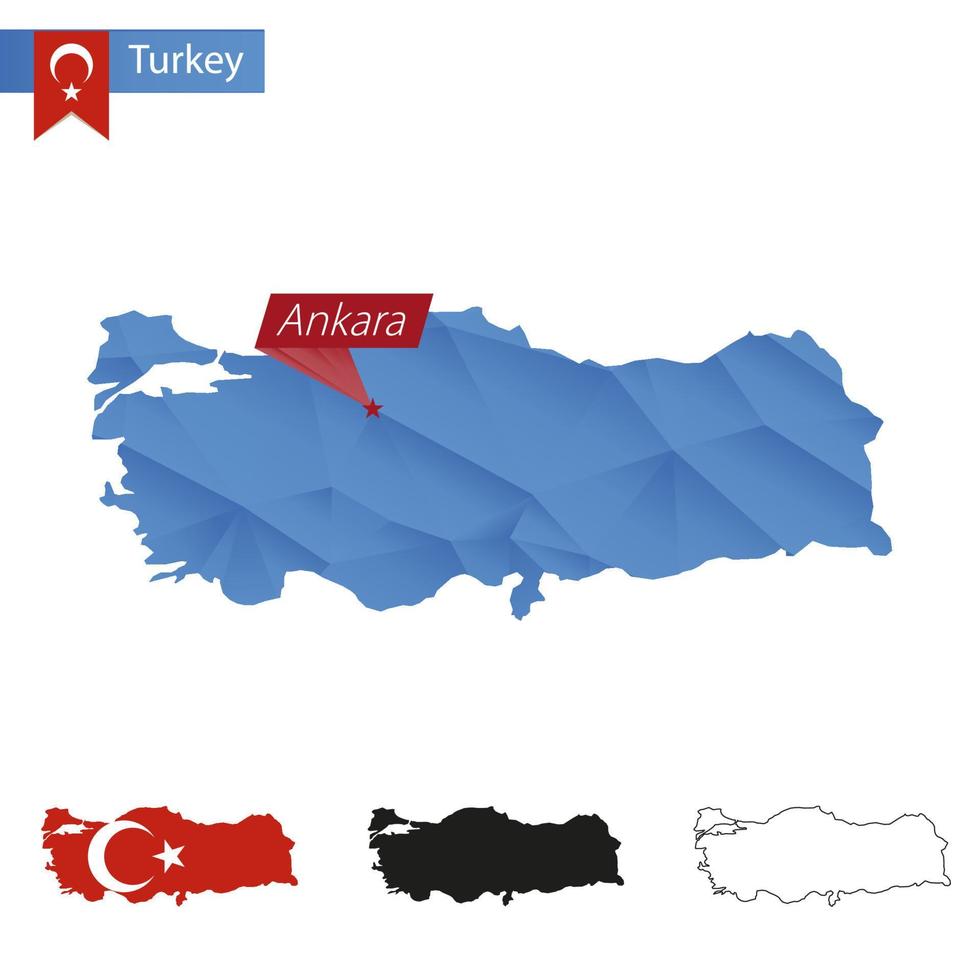 türkeiblaue Low-Poly-Karte mit Hauptstadt Ankara. vektor
