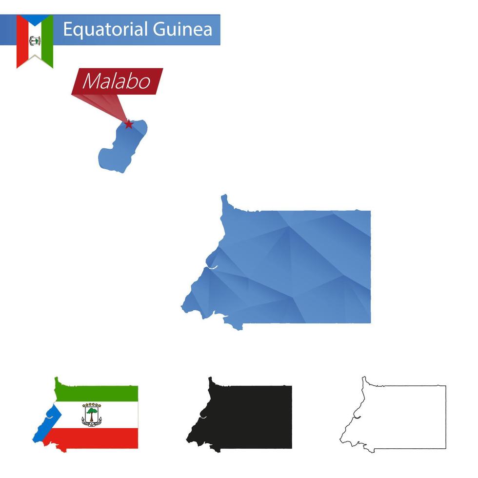 ekvatorial guinea blå låg poly Karta med huvudstad malabo. vektor