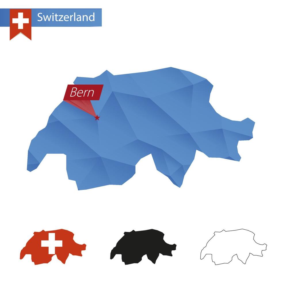 schweiz blå låg poly Karta med huvudstad bern. vektor