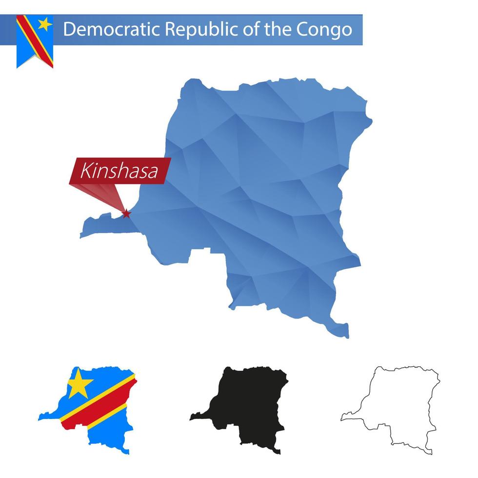 demokratisk republik av de kongo blå låg poly Karta med huvudstad kinshasa. vektor