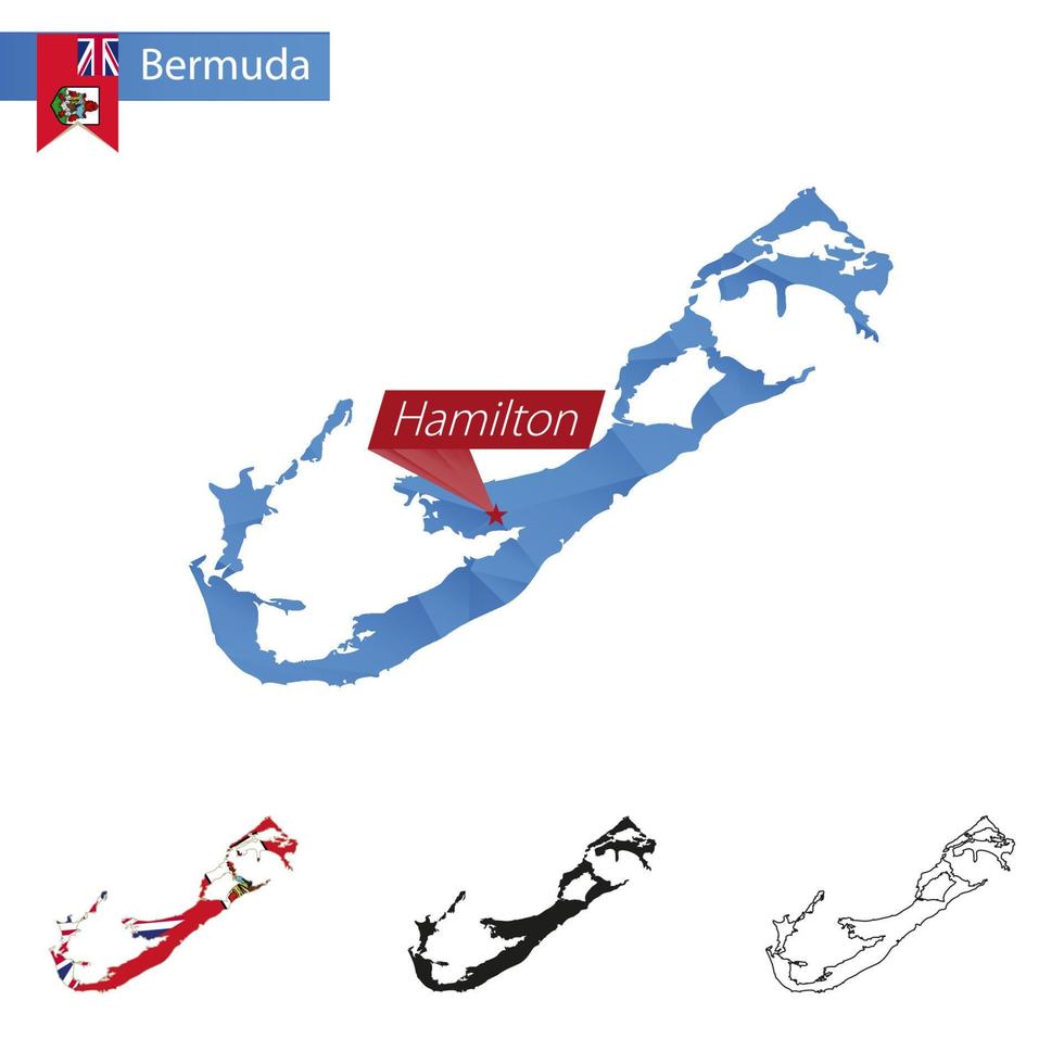 bermuda blå låg poly Karta med huvudstad Hamilton. vektor