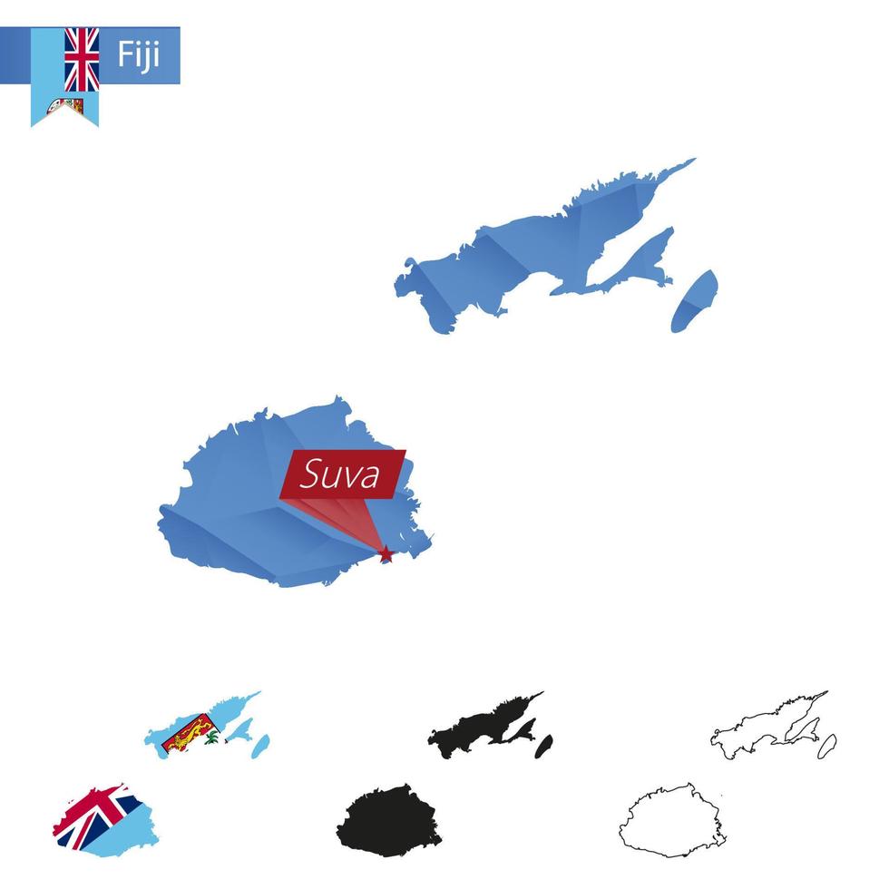 fiji blå låg poly Karta med huvudstad suva. vektor