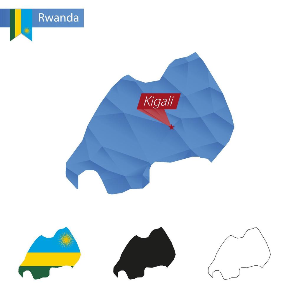 rwanda blå låg poly Karta med huvudstad kigali. vektor
