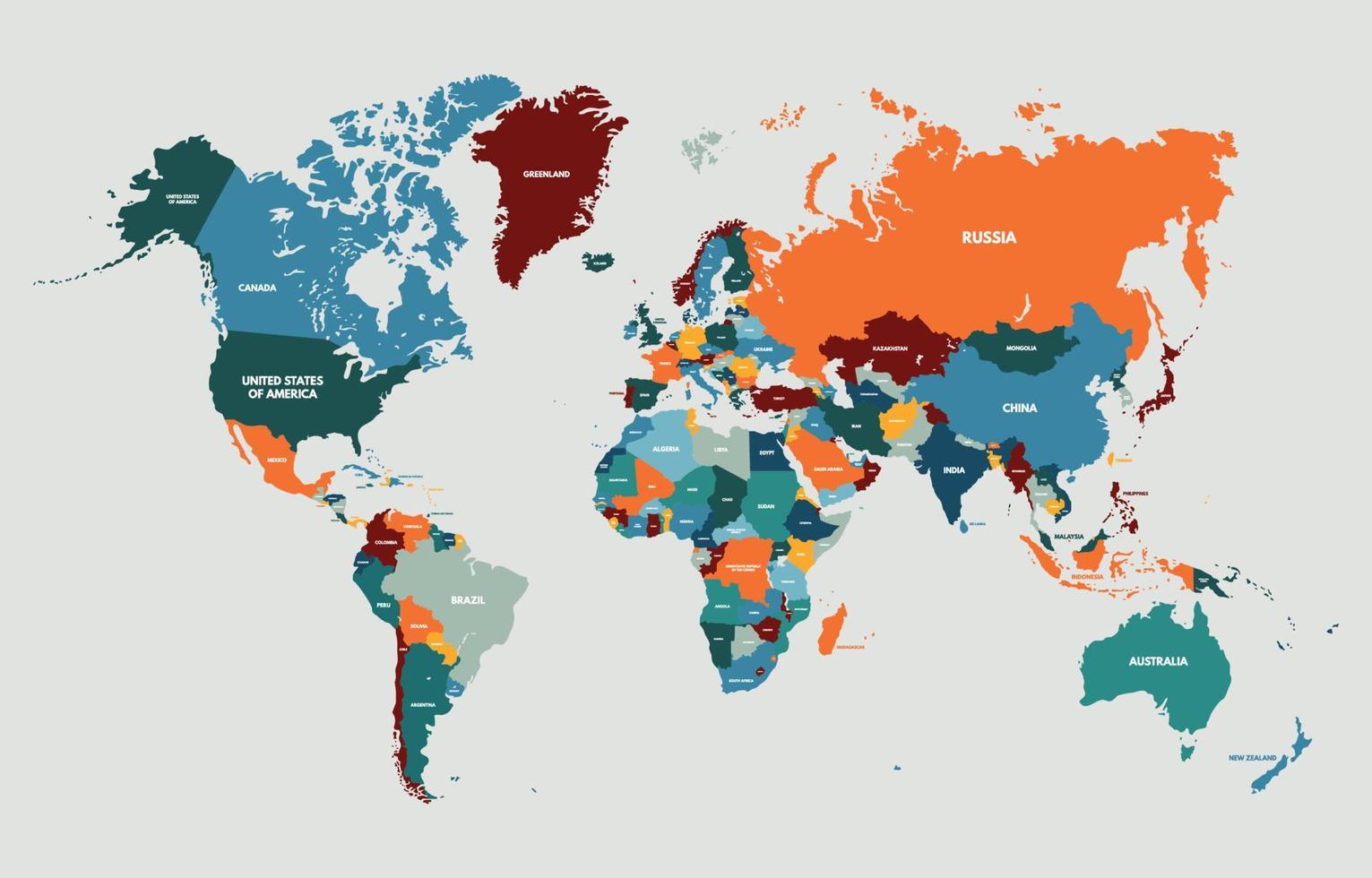 bunte Weltkarte mit Hintergrund des Ländernamens vektor