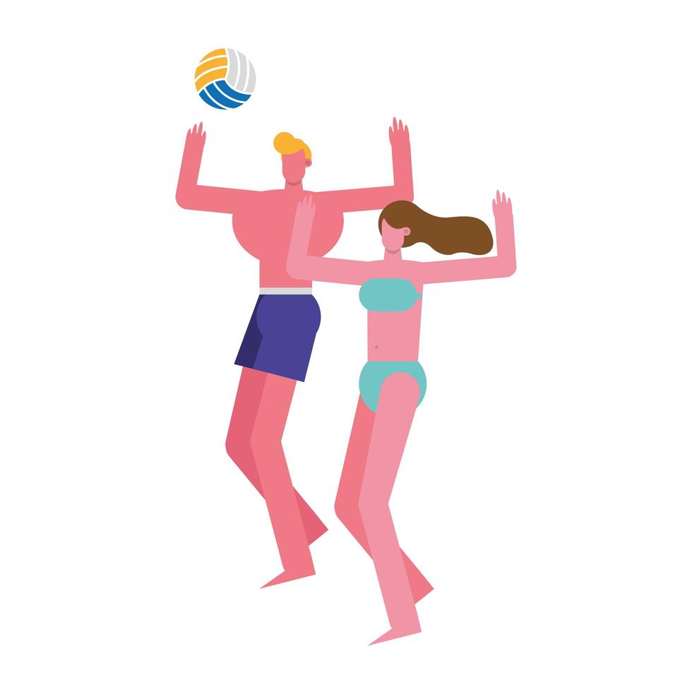 junges Paar, das Badeanzüge spielt, die Volleyball spielen vektor