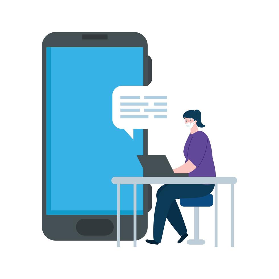 kvinna som använder ansiktsmask med bärbar dator och smartphone vektor