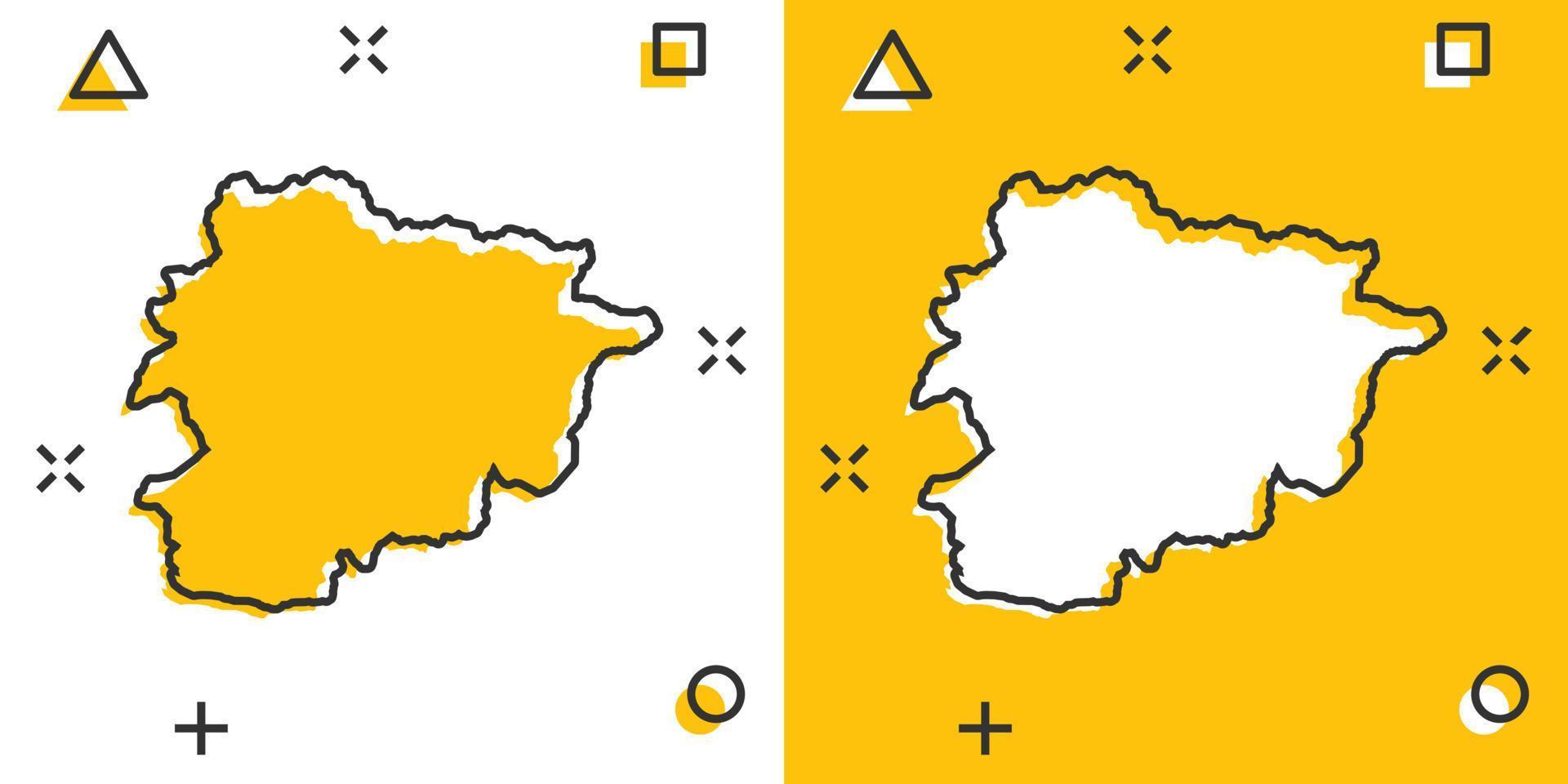 Vektor-Cartoon-Andorra-Kartensymbol im Comic-Stil. Andorra Zeichen Abbildung Piktogramm. Kartografie-Karten-Business-Splash-Effekt-Konzept. vektor