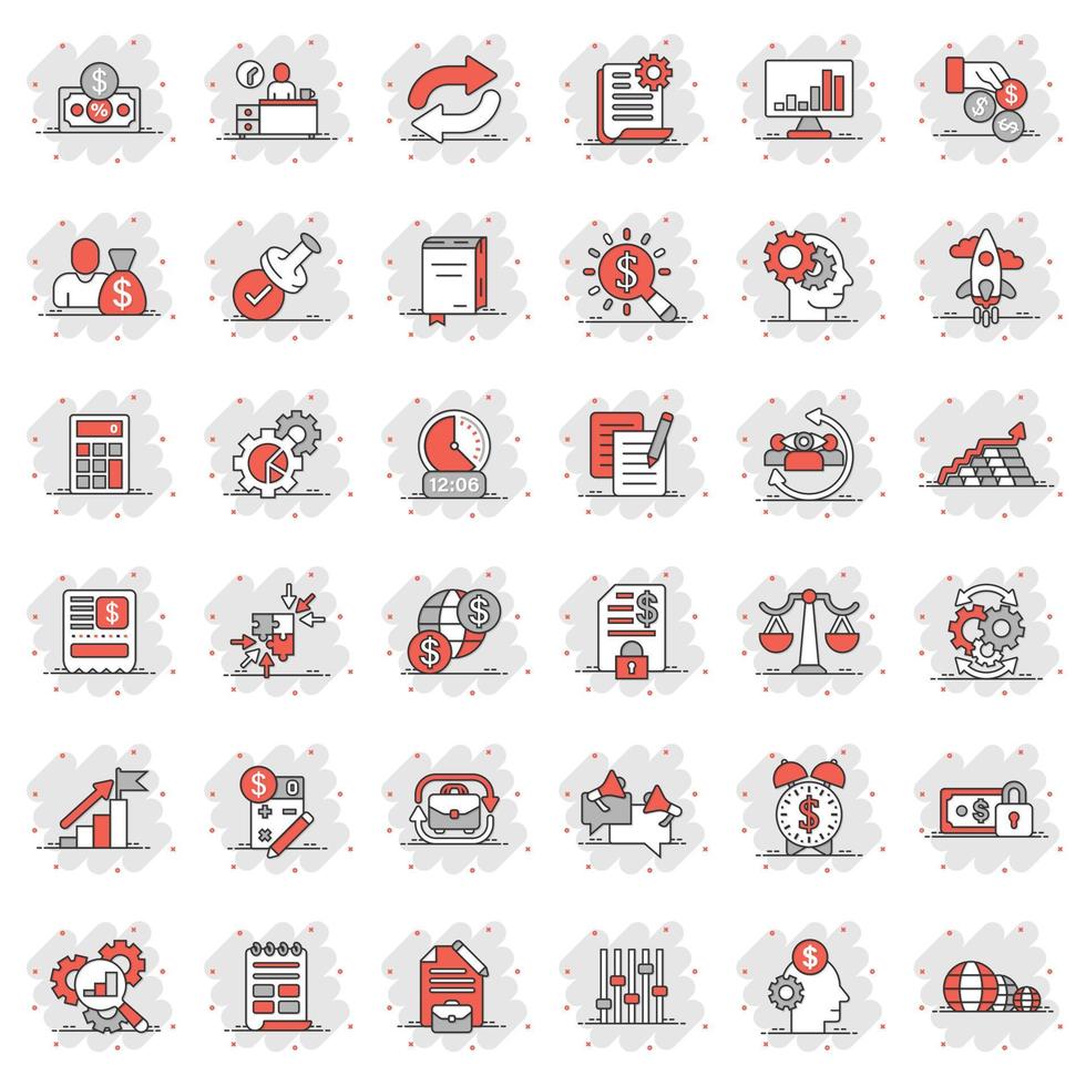 företag ikon uppsättning i komisk stil. pengar, människor, dokumentera tecknad serie vektor illustration på vit isolerat bakgrund. frilansare diagram stänk effekt företag begrepp.