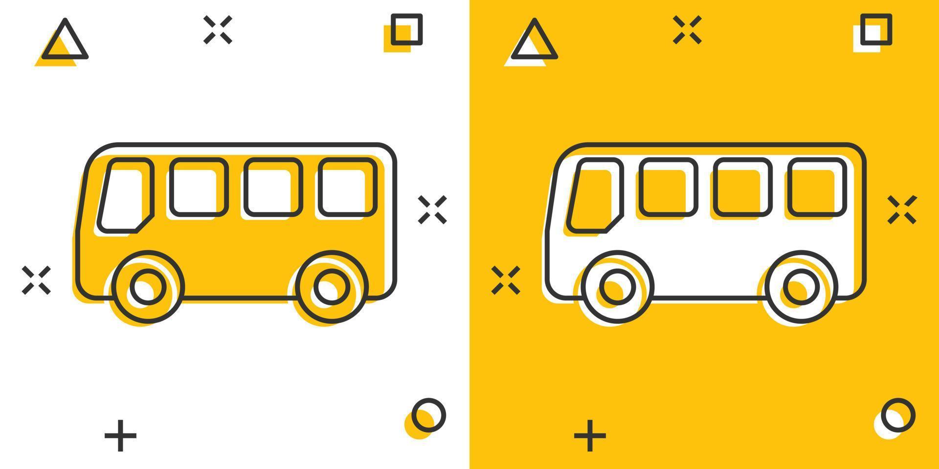 skola buss ikon i komisk stil. autobus vektor tecknad serie illustration på vit isolerat bakgrund. tränare transport företag begrepp stänk effekt.