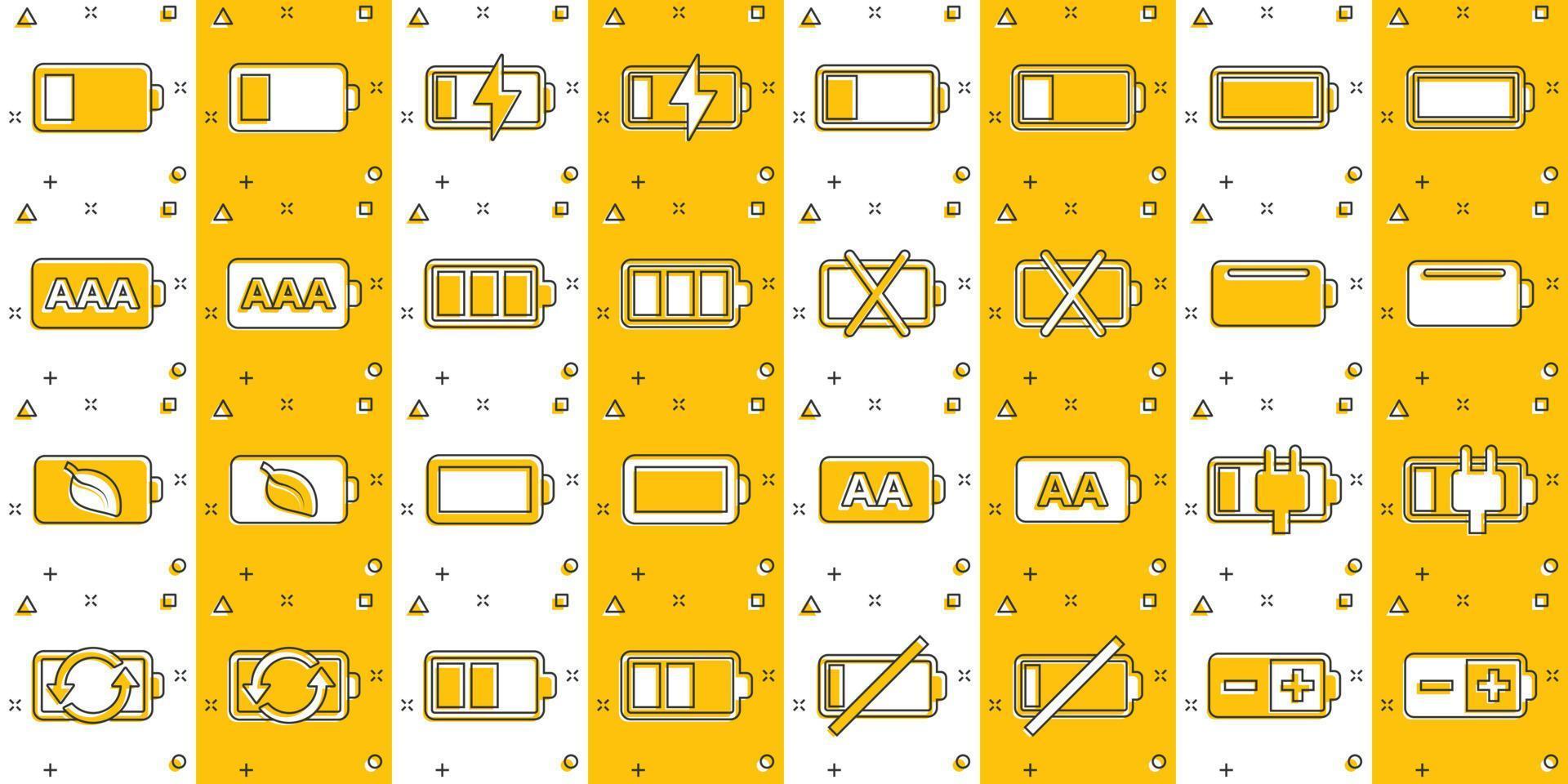 Batterieladesymbol im Comic-Stil. Cartoon-Vektor-Illustration der Leistungsstufe auf weißem, isoliertem Hintergrund. Geschäftskonzept mit Lithium-Akku-Splash-Effekt. vektor