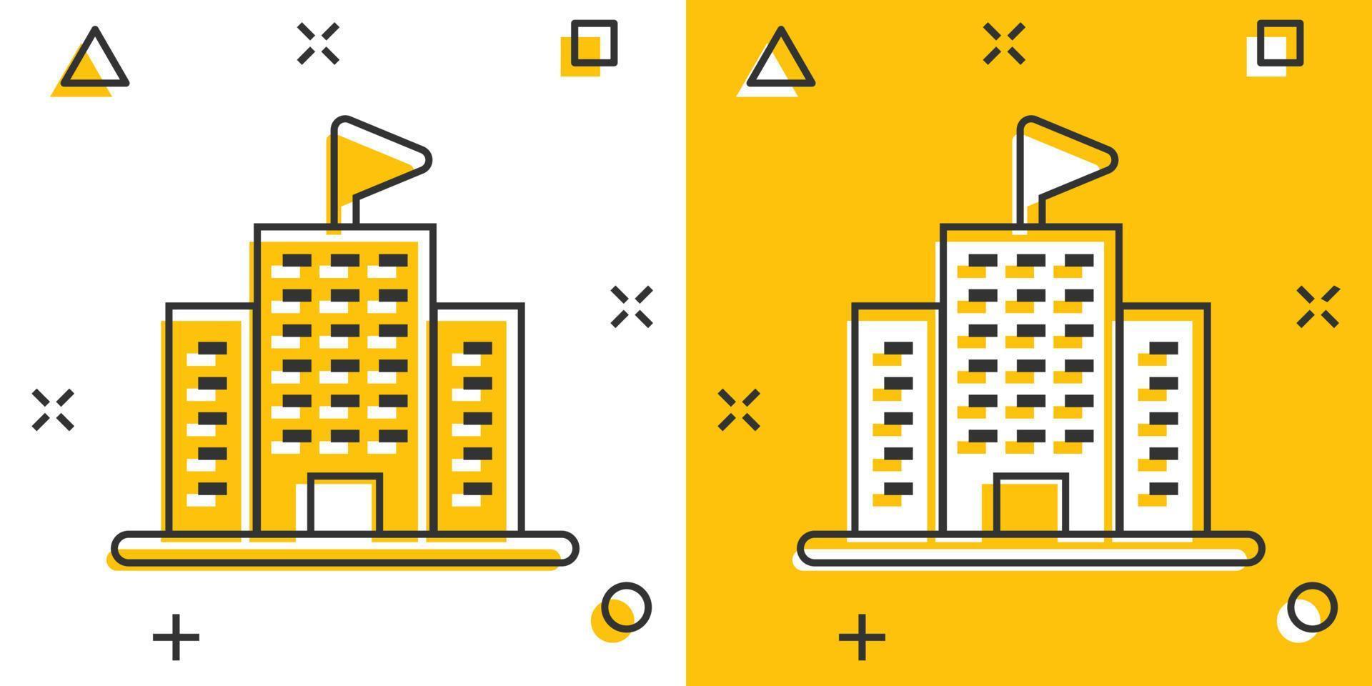 byggnad ikon i komisk stil. stad skyskrapa lägenhet tecknad serie vektor illustration på vit isolerat bakgrund. stad torn stänk effekt företag begrepp.