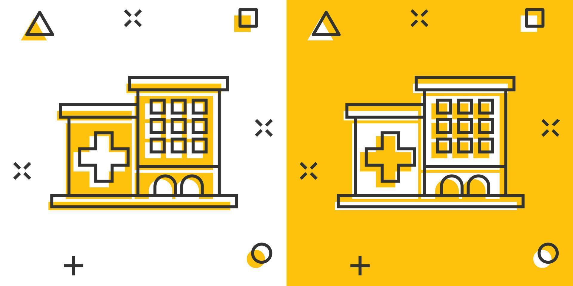 Krankenhausgebäude-Ikone im Comic-Stil. Krankenstation-Vektor-Cartoon-Illustration auf weißem, isoliertem Hintergrund. Splash-Effekt für das Geschäftskonzept des medizinischen Krankenwagens. vektor
