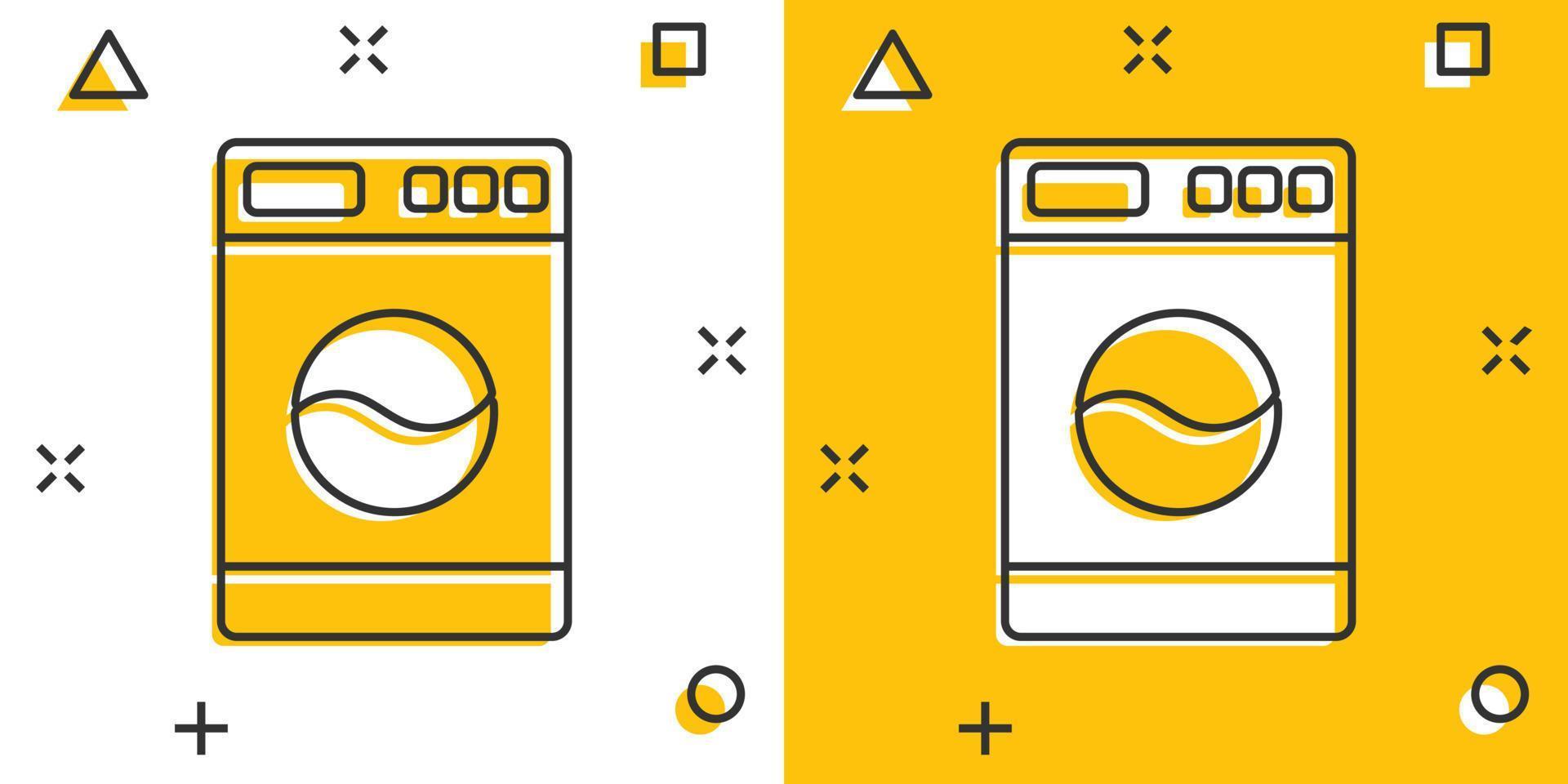 Vektor-Cartoon-Waschmaschinen-Symbol im Comic-Stil. Waschfrau Zeichen Abbildung Piktogramm. Waschmaschine Geschäft Splash-Effekt-Konzept. vektor