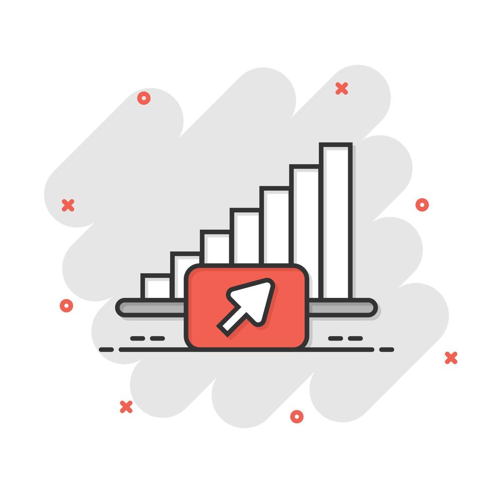 marknadsföra trend ikon i komisk stil. tillväxt pil med förstoringsglas tecknad serie vektor illustration på vit isolerat bakgrund. öka stänk effekt företag begrepp.
