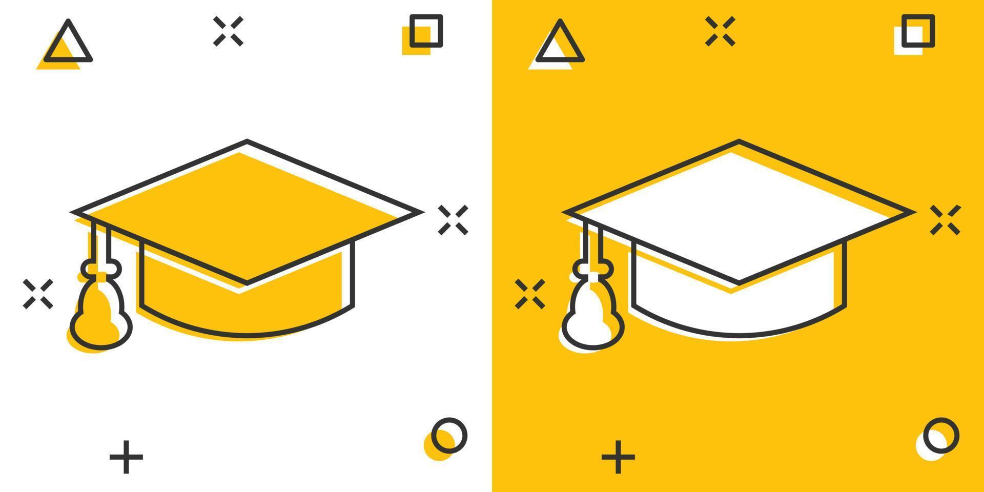 Abschlusskappen-Symbol im Comic-Stil. bildungshut-vektor-karikaturillustration auf weißem lokalisiertem hintergrund. universitäts-bachelor-geschäftskonzept-spritzeffekt. vektor