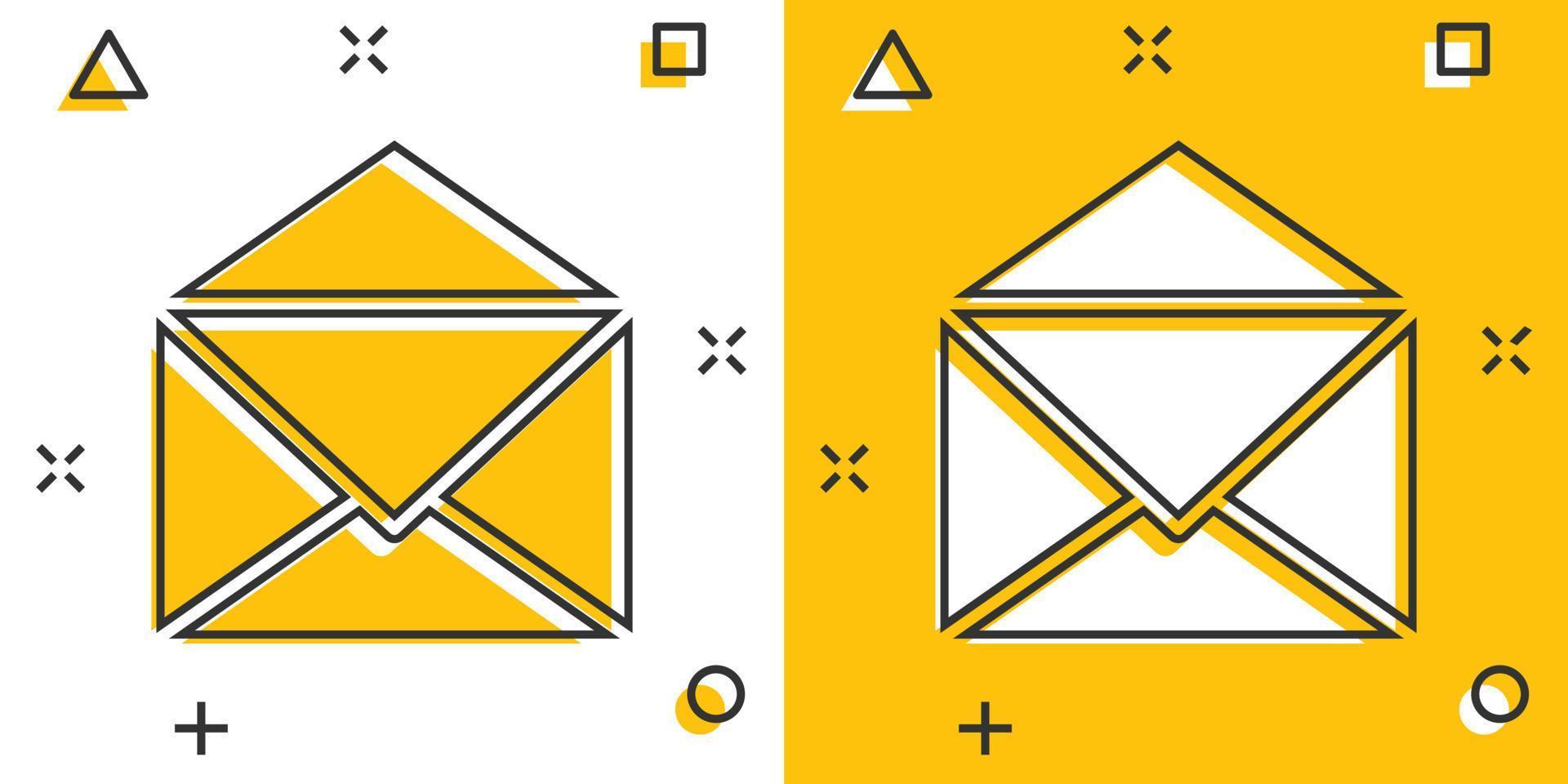 Vektor-Cartoon-Mail-Umschlag-Symbol im Comic-Stil. E-Mail-Zeichen-Illustrationspiktogramm. Mail-Business-Splash-Effekt-Konzept. vektor
