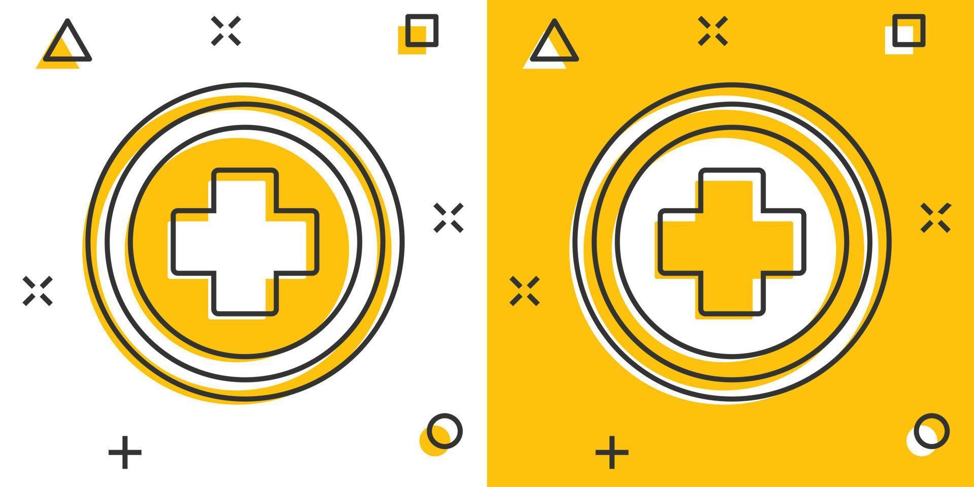 vektor tecknad serie medicinsk hälsa ikon i komisk stil. medicin sjukhus plus tecken illustration piktogram. medicinsk företag stänk effekt begrepp.