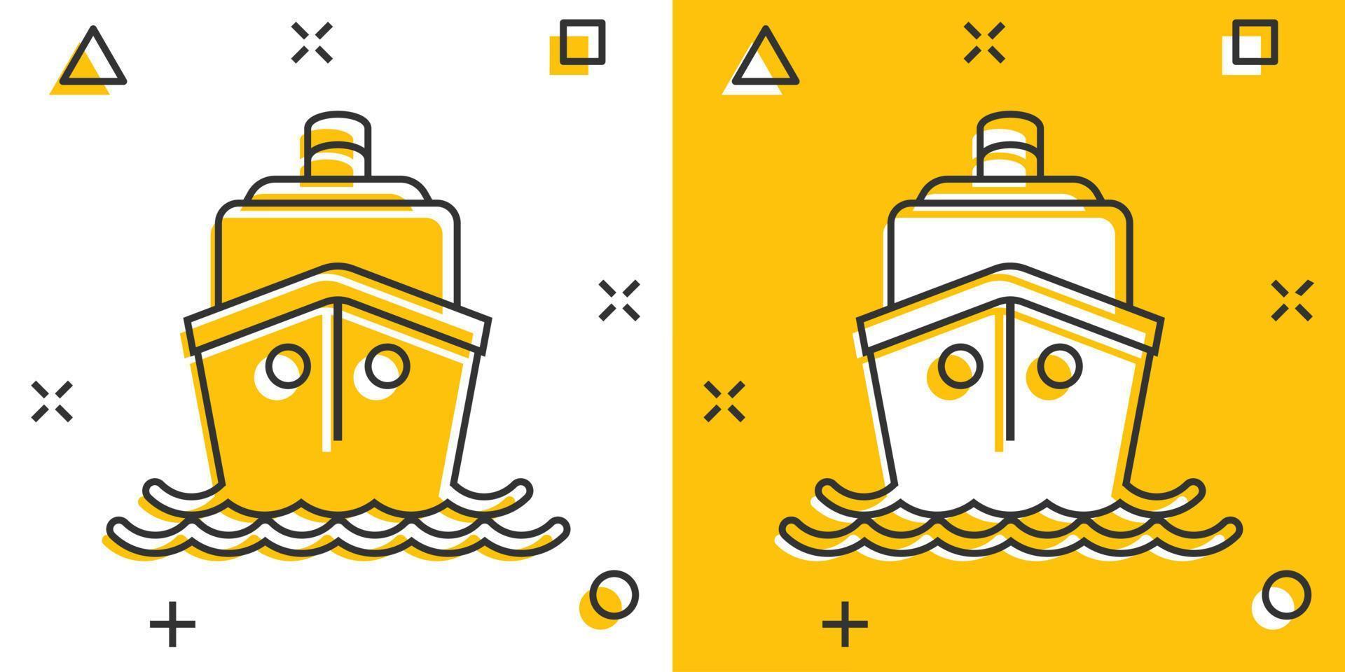 Schiff Kreuzfahrt Zeichen Symbol im Comic-Stil. Frachtboot-Vektor-Cartoon-Illustration auf weißem, isoliertem Hintergrund. Schiff Geschäftskonzept Splash-Effekt. vektor