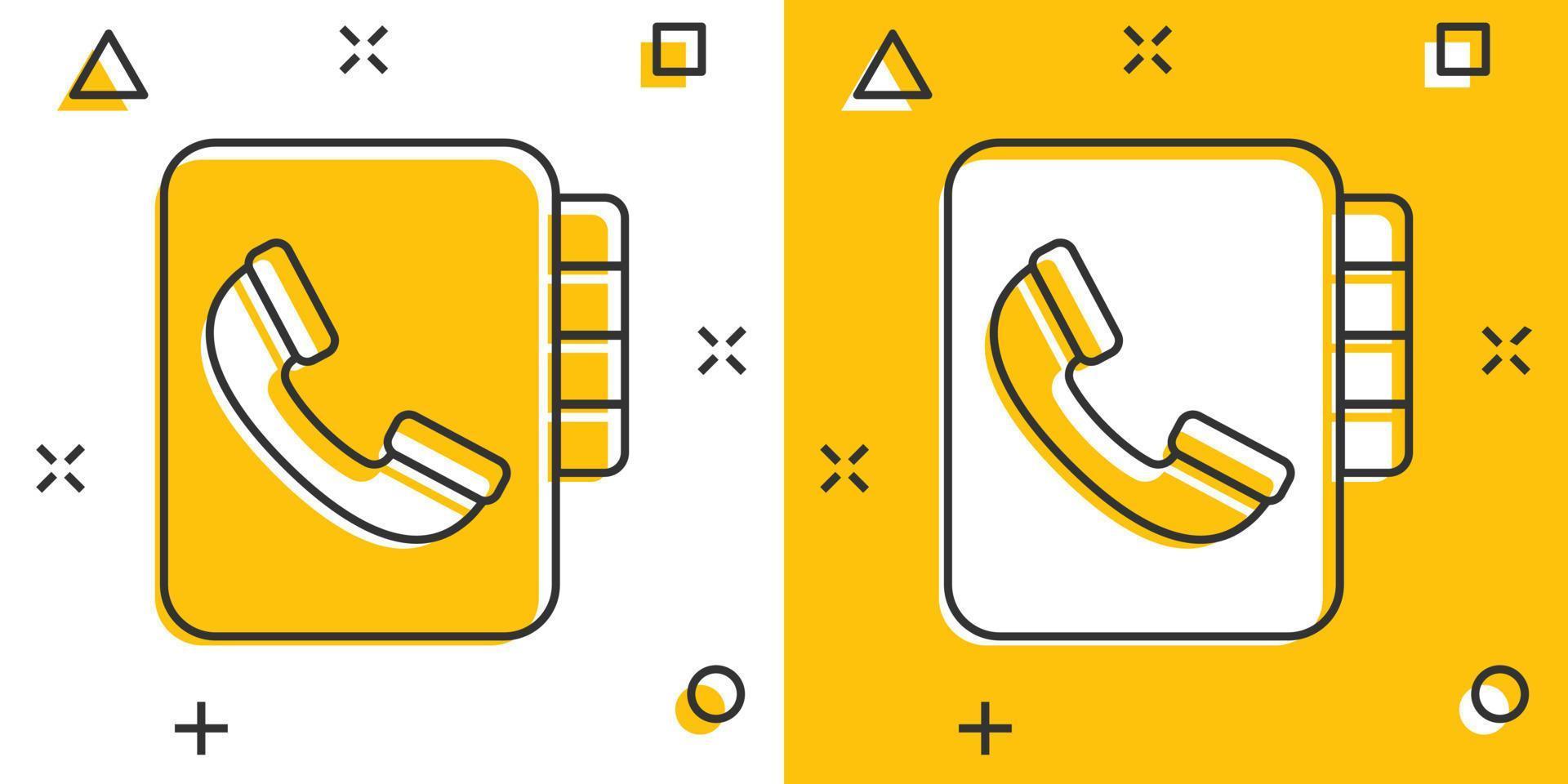 adress telefon bok ikon i komisk stil. telefon anteckningsbok tecknad serie vektor illustration på vit isolerat bakgrund. hotline Kontakt stänk effekt företag begrepp.