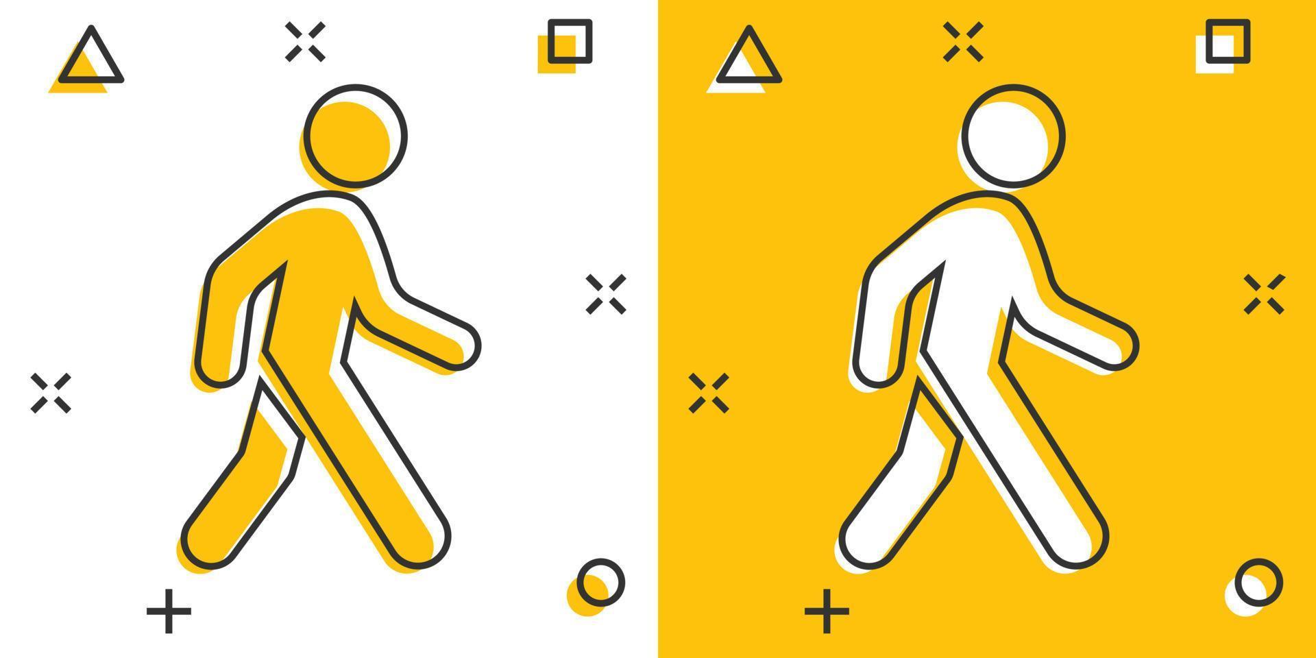 vektor tecknad serie gående man ikon i komisk stil. människor promenad tecken illustration piktogram. fotgängare företag stänk effekt begrepp.