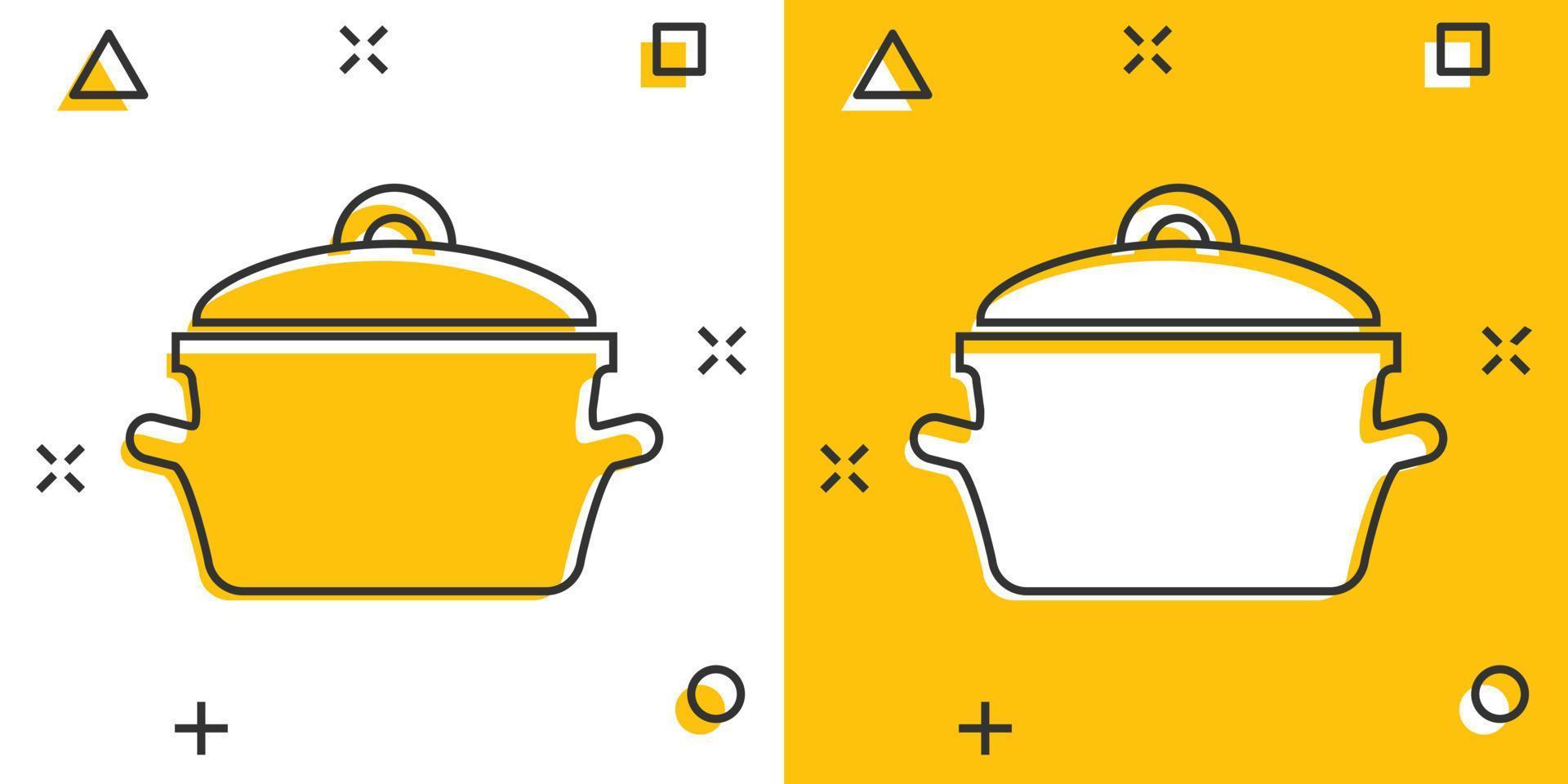 vektor tecknad serie matlagning panorera ikon i komisk stil. kök pott begrepp illustration piktogram. kastrull Utrustning företag stänk effekt begrepp.
