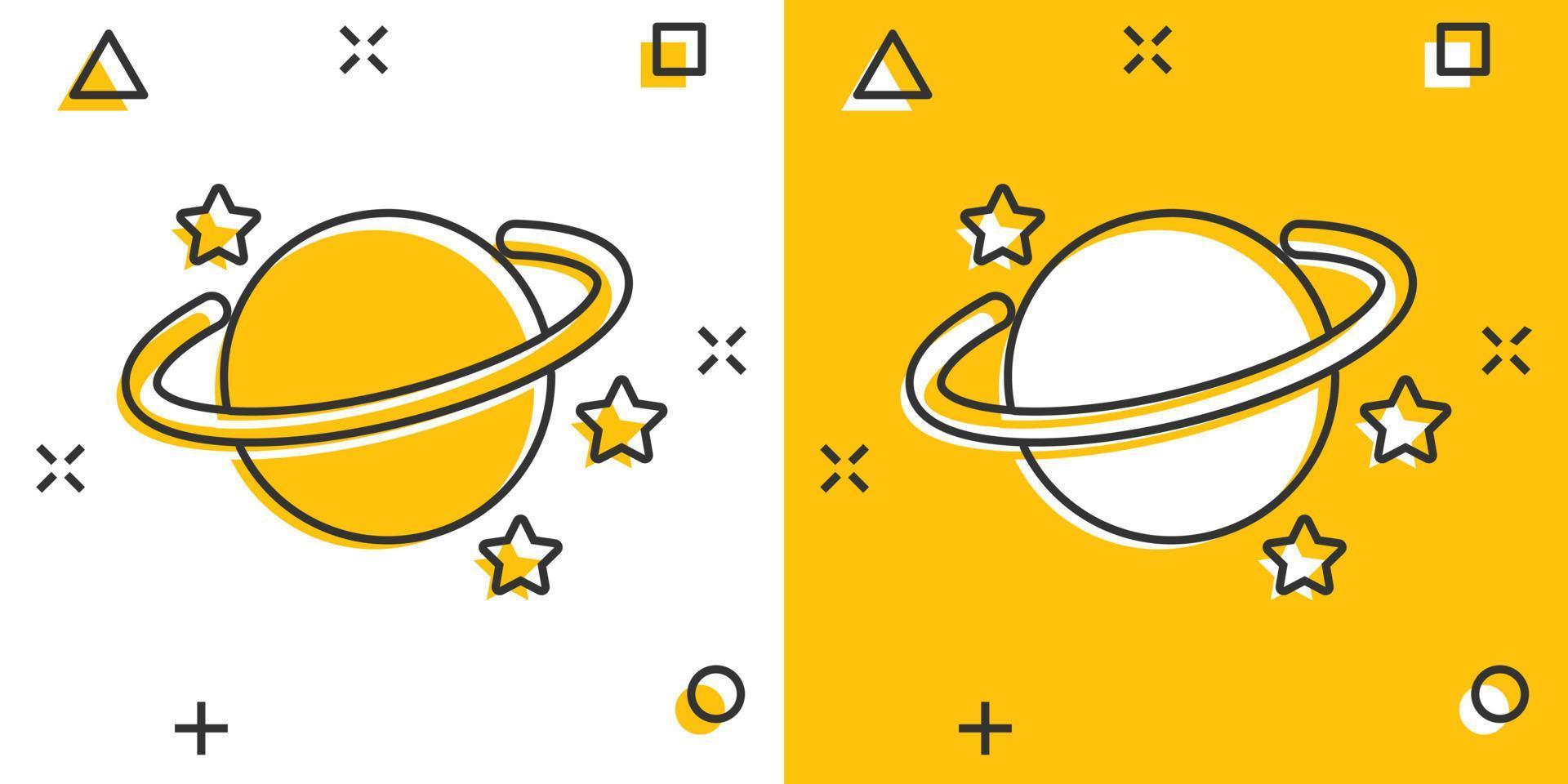 Saturn-Symbol im Comic-Stil. planetenvektorkarikaturillustration auf weißem lokalisiertem hintergrund. galaxie weltraum geschäftskonzept splash effekt. vektor