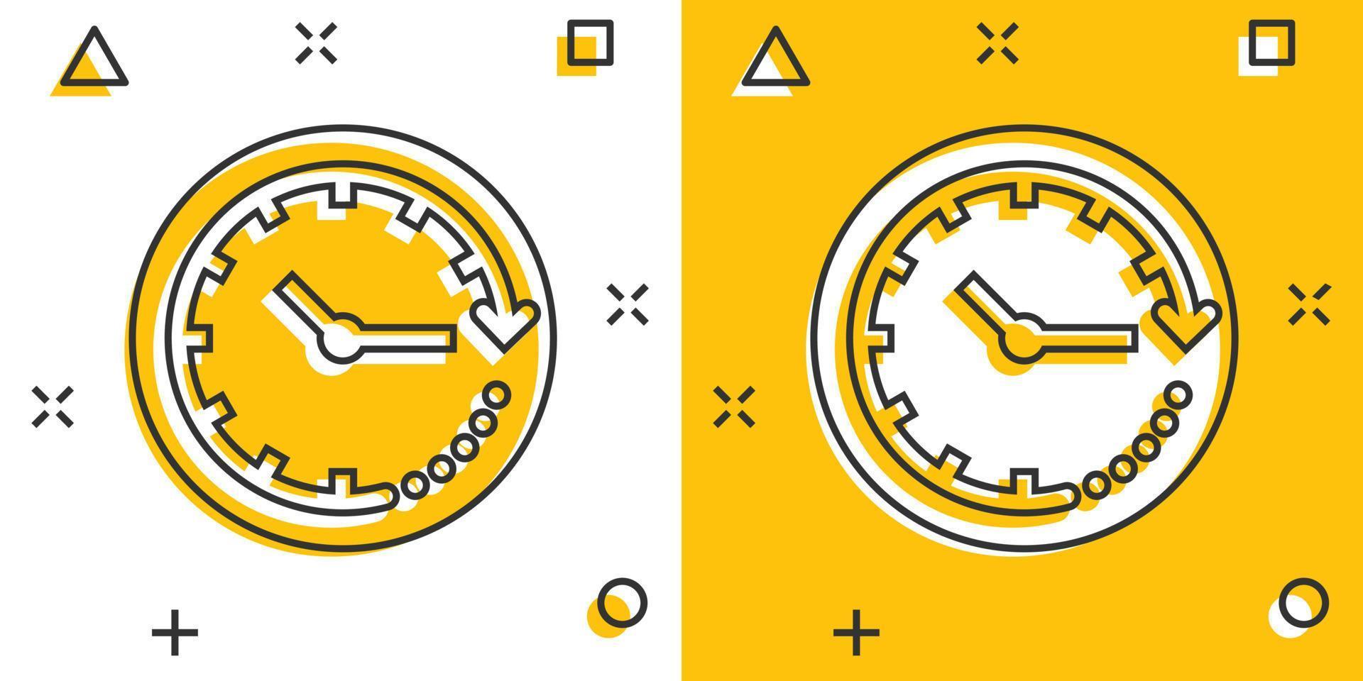 klocka ikon i komisk stil. Kolla på tecknad serie vektor illustration på vit isolerat bakgrund. timer stänk effekt företag begrepp.