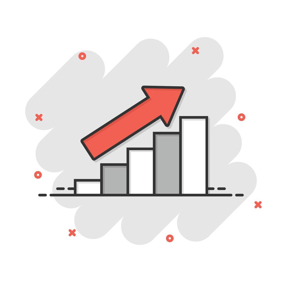 Diagrammdiagramm-Symbol im Comic-Stil. Pfeil wachsen Cartoon-Vektor-Illustration auf weißem Hintergrund isoliert. Analyse-Splash-Effekt-Geschäftskonzept. vektor