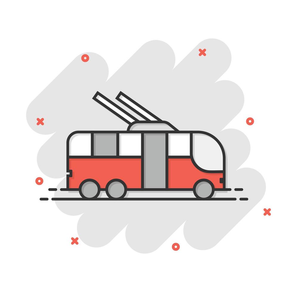 Trolleybus-Symbol im Comic-Stil. Oberleitungsbuskarikatur-Vektorillustration auf weißem lokalisiertem Hintergrund. Geschäftskonzept für Autobus-Fahrzeug-Splash-Effekt. vektor