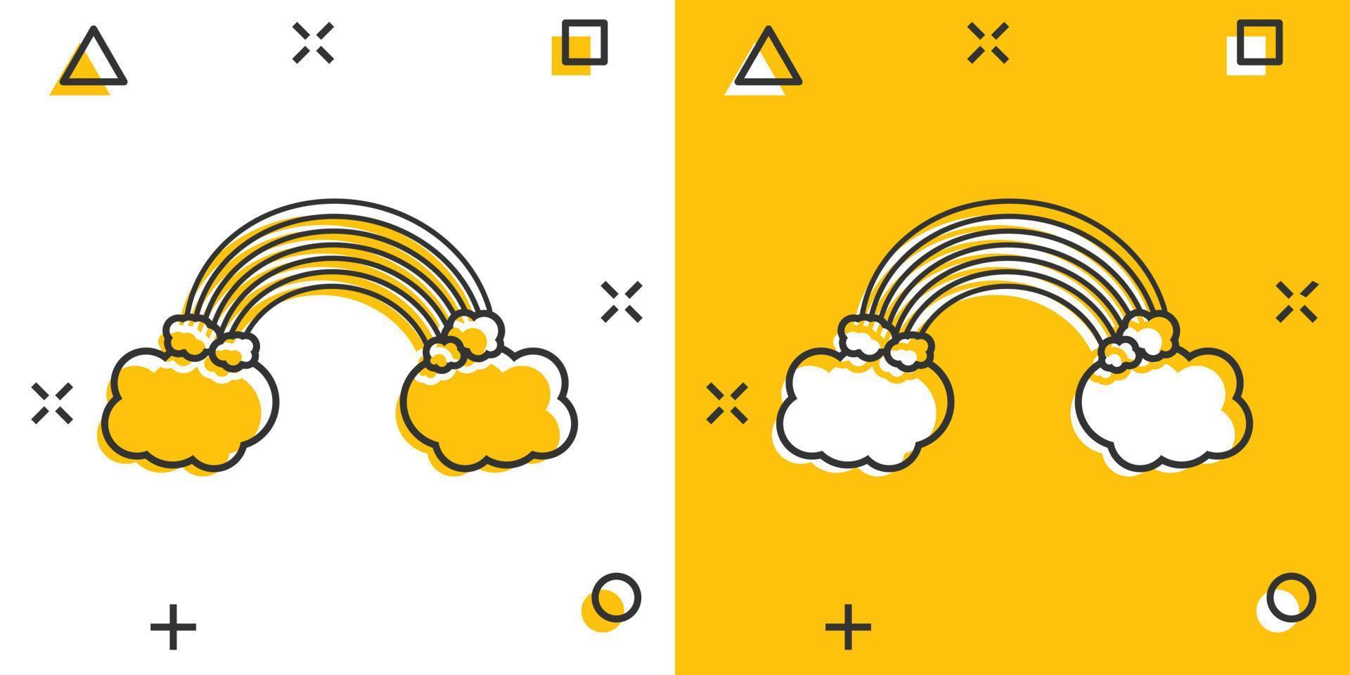 Cartoon-Regenbogen mit Wolken-Symbol im Comic-Stil. Wetter-Illustration-Piktogramm. Regenbogen-Zeichen-Splash-Geschäftskonzept. vektor