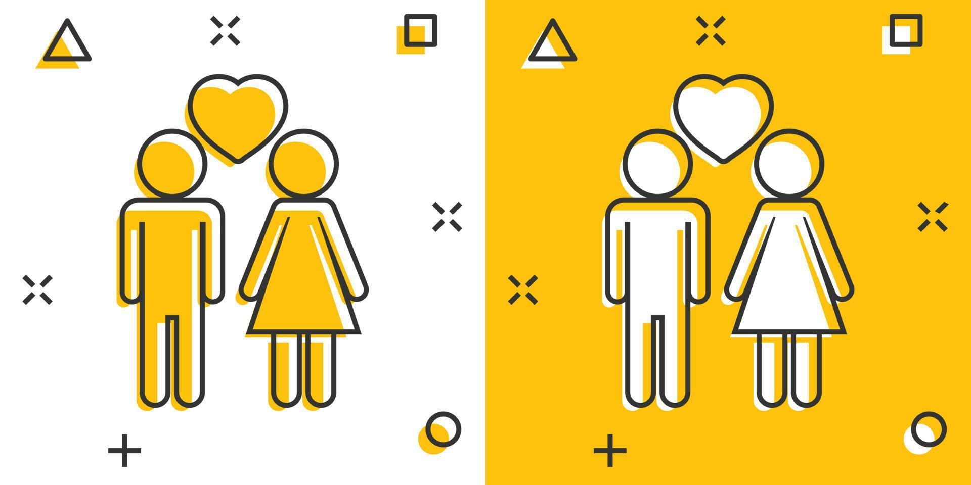 vektor tecknad serie man och kvinna med hjärta ikon i komisk stil. människor tecken illustration piktogram. relationer företag stänk effekt begrepp.