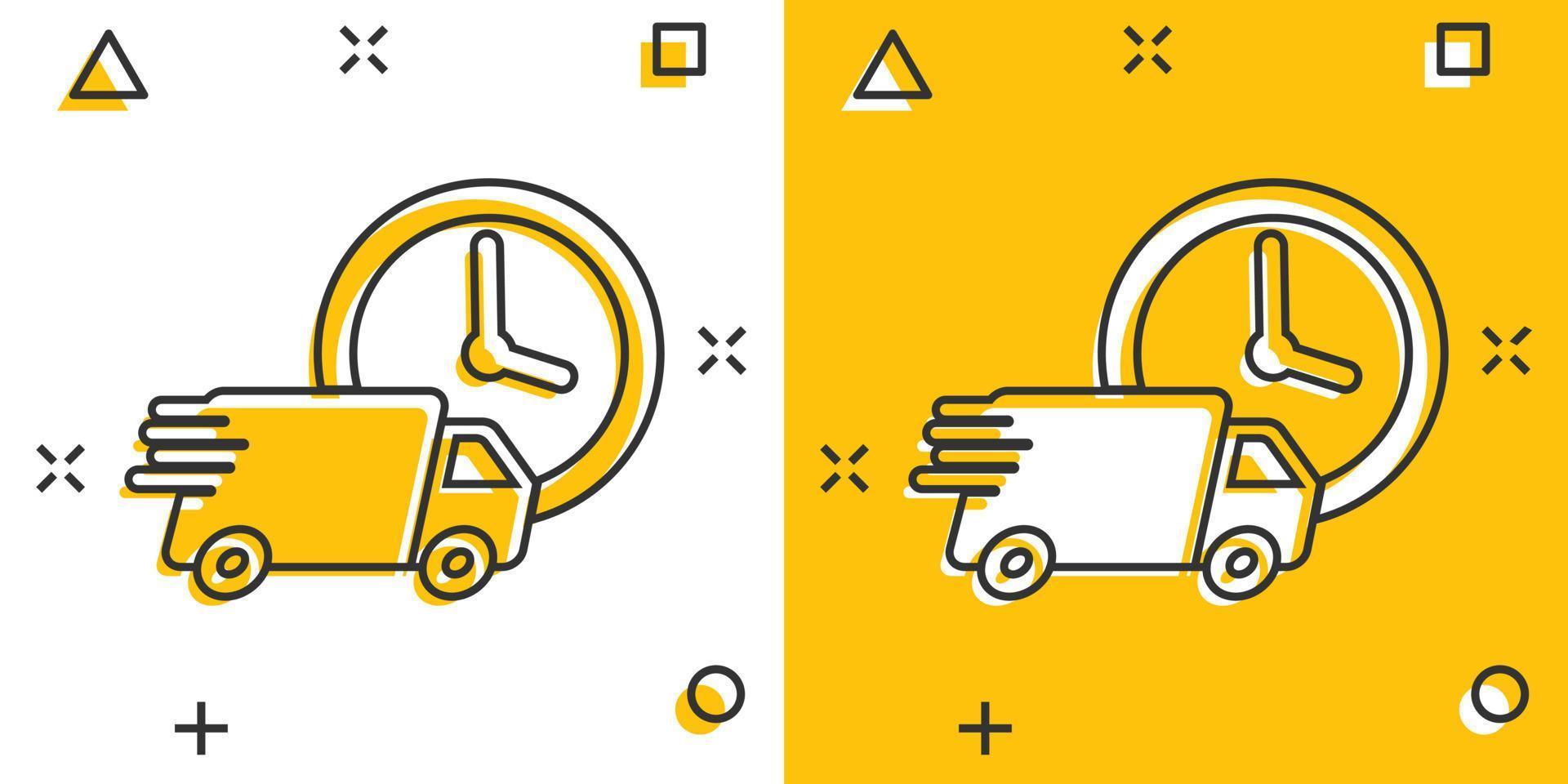 Vektor Cartoon Lieferwagen 24h Symbol im Comic-Stil. 24 Stunden schneller Lieferservice Versandzeichen Illustration Piktogramm. Auto-Van-Business-Splash-Effekt-Konzept.