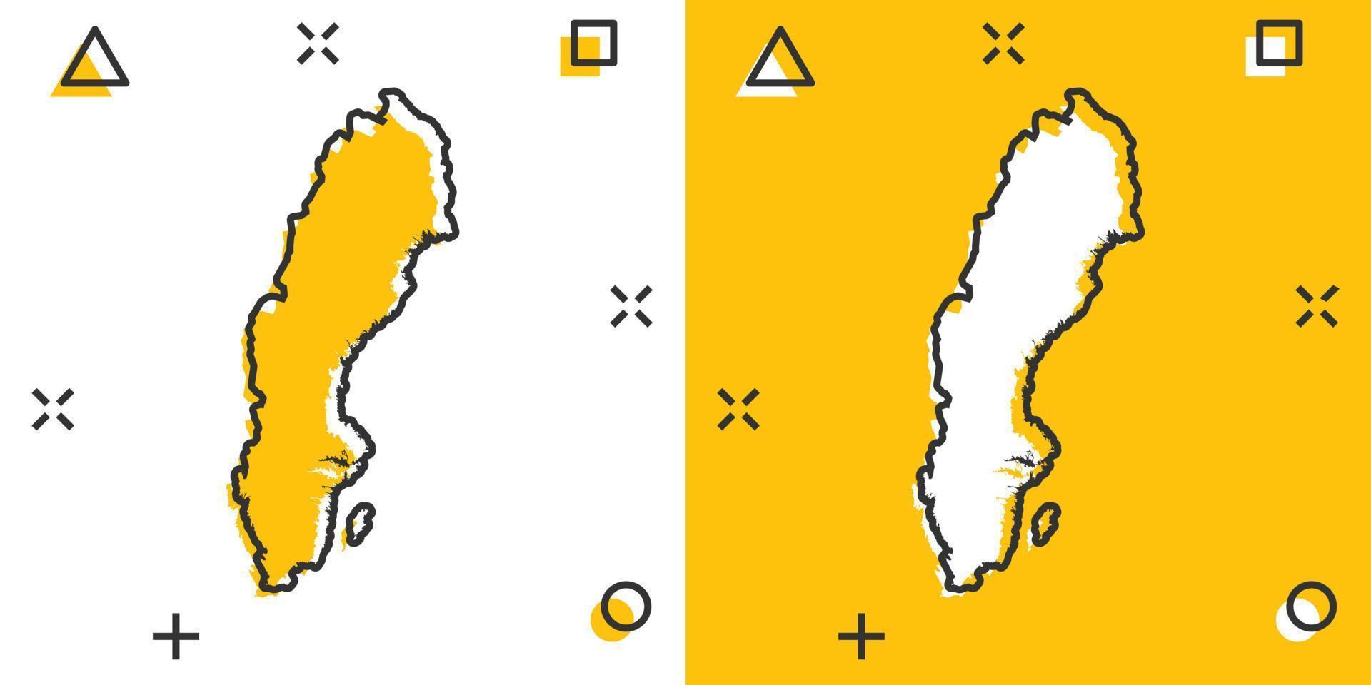 Vektor-Cartoon-Schweden-Kartensymbol im Comic-Stil. Schweden Zeichen Abbildung Piktogramm. Kartografie-Karten-Business-Splash-Effekt-Konzept. vektor