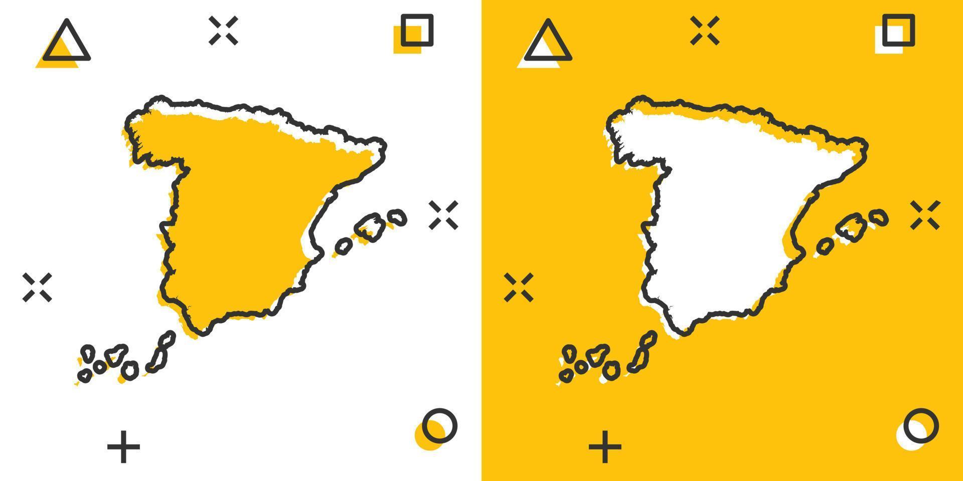 Vektor-Cartoon-Spanien-Kartensymbol im Comic-Stil. Spanien Zeichen Abbildung Piktogramm. Kartografie-Karten-Business-Splash-Effekt-Konzept. vektor