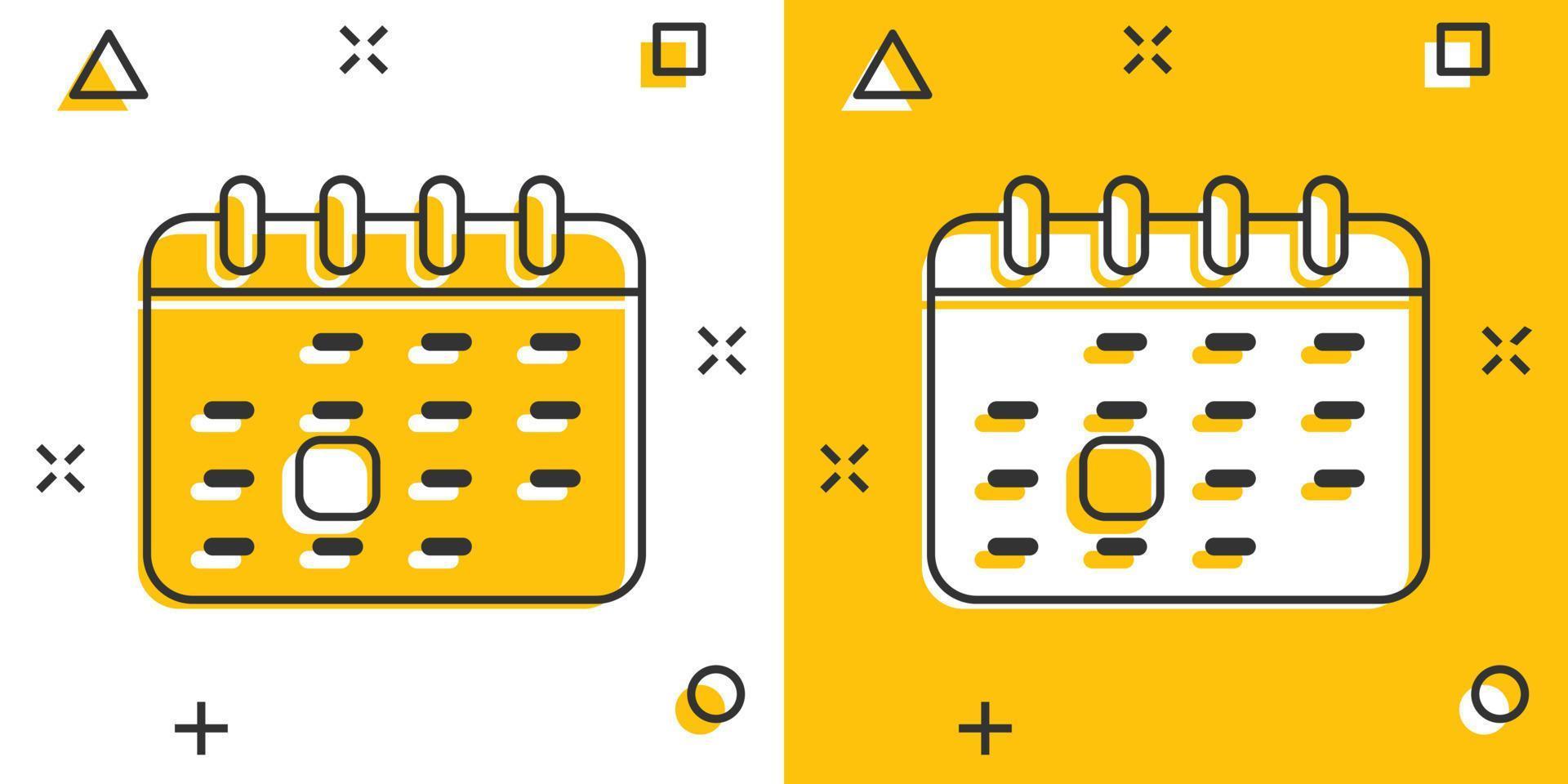 kalender ikon i komisk stil. dagordning tecknad serie vektor illustration på vit isolerat bakgrund. schema planerare stänk effekt företag begrepp.