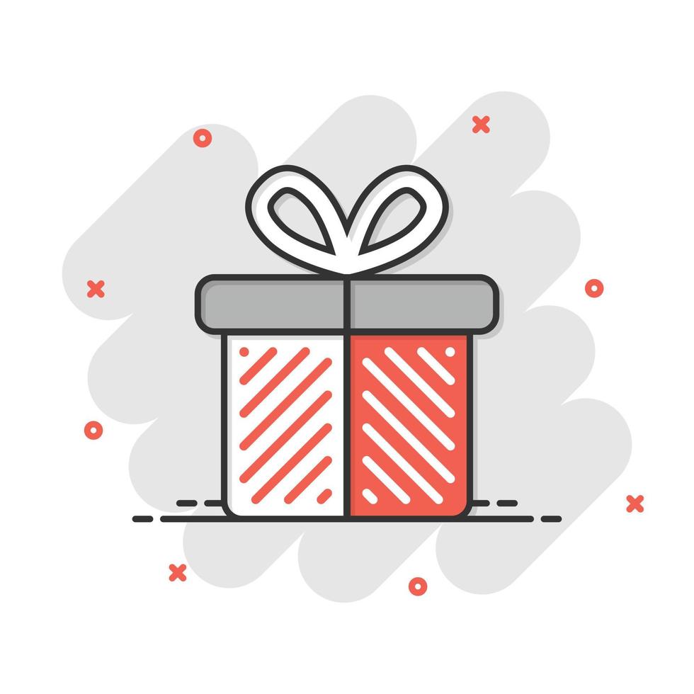 Geschenkbox-Symbol im Comic-Stil. Präsentieren Sie Paketkarikatur-Vektorillustration auf weißem lokalisiertem Hintergrund. Geschäftskonzept mit Überraschungsspritzeffekt. vektor