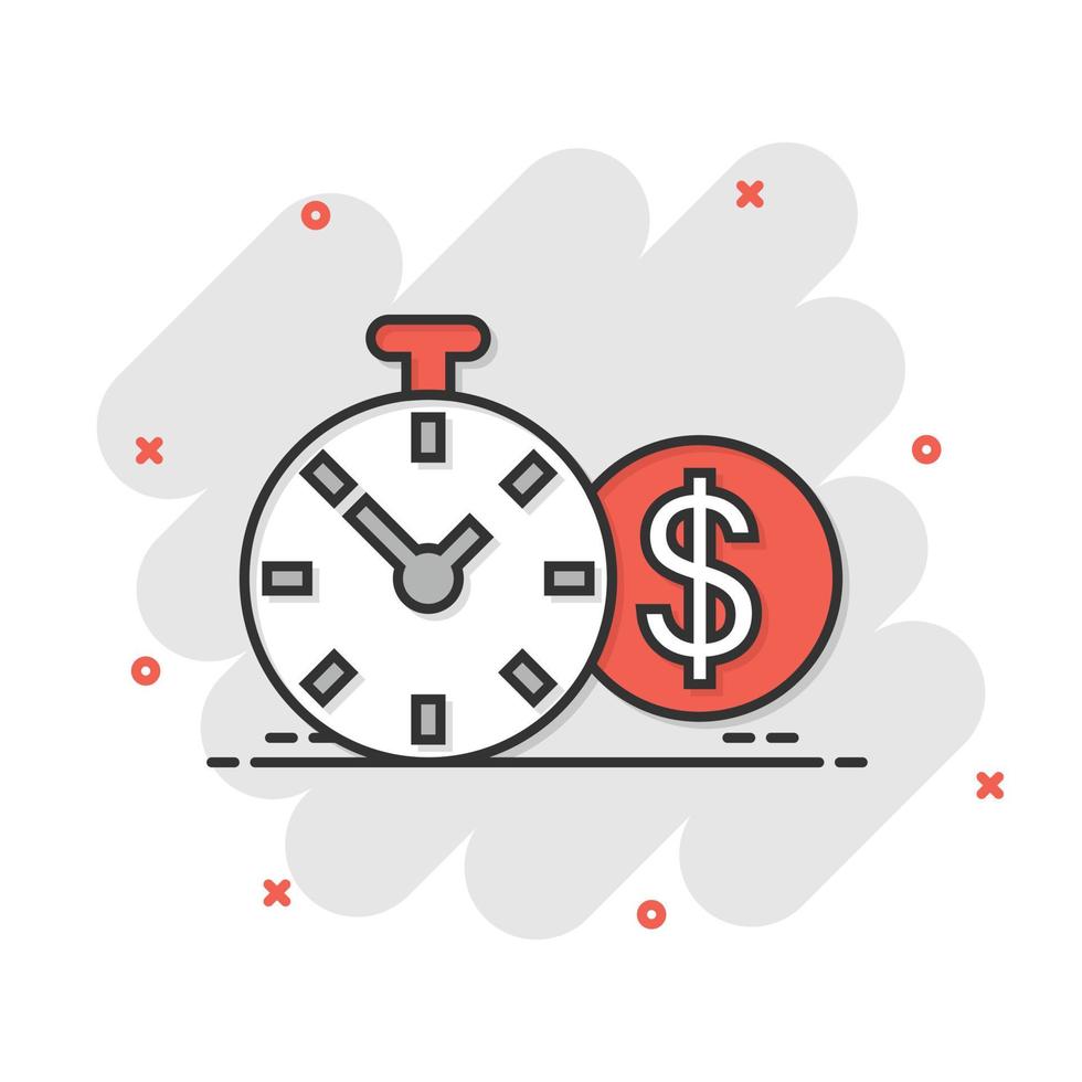 Zeit ist Geld-Symbol im Comic-Stil. Uhr mit Dollar-Cartoon-Vektorillustration auf weißem, isoliertem Hintergrund. Währungssplash-Effekt-Geschäftskonzept. vektor
