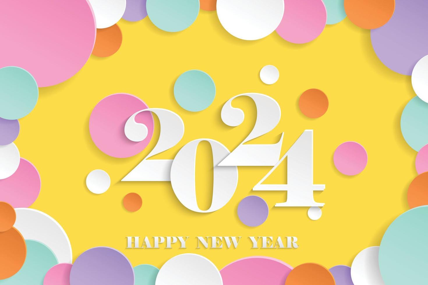 2024 guten Rutsch ins neue Jahr elegantes Design Vektorillustration von Papierschnitt weiße Farbe 2024 Logonummern auf gelbem Hintergrund perfekte Typografie für 2024 Save the Date Luxusdesigns und Neujahrsfeier vektor