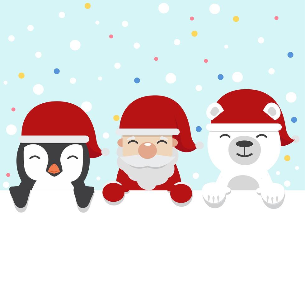 niedliches Rentier, Weihnachtsmann und Pinguinkarikatur, die ein Weihnachtsleerzeichen halten vektor