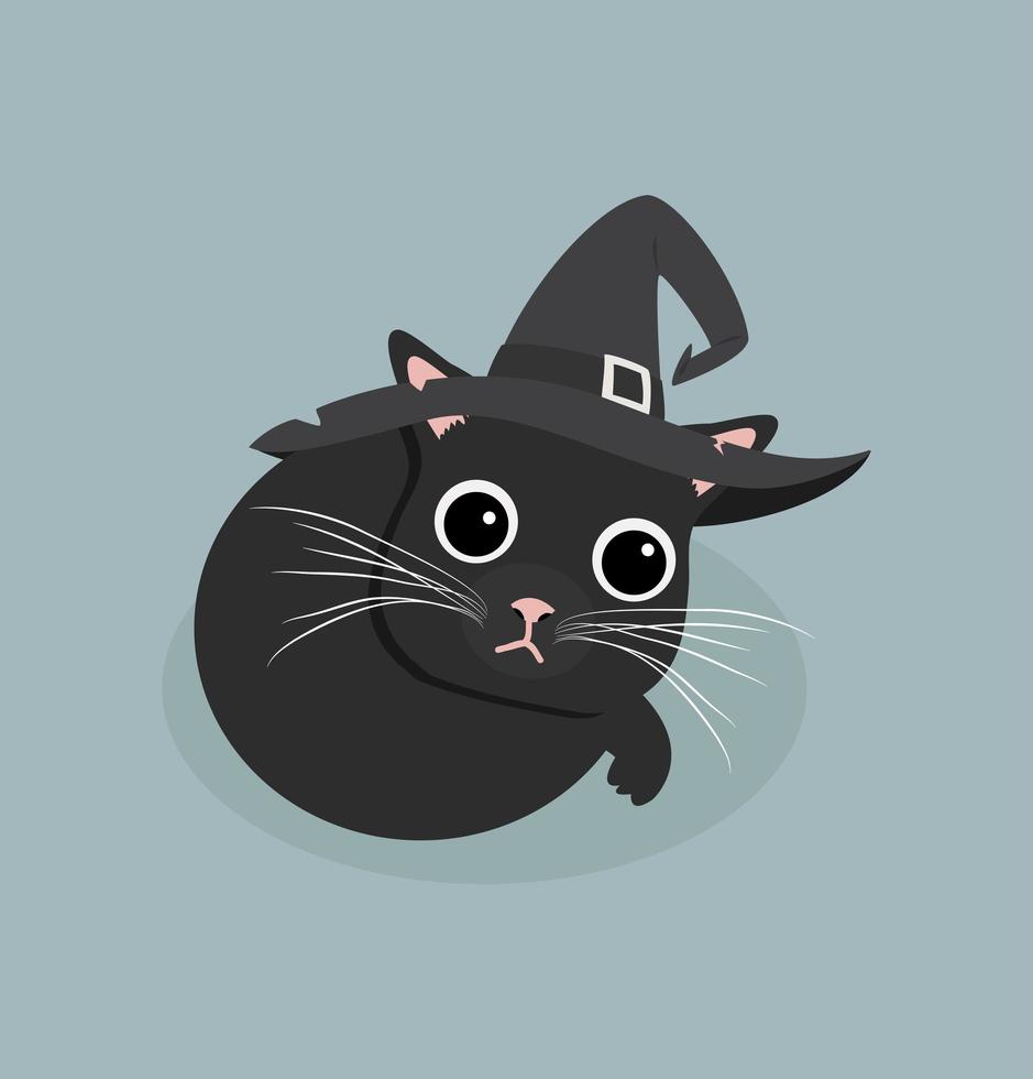 söt svart katt med häxahatt vektor