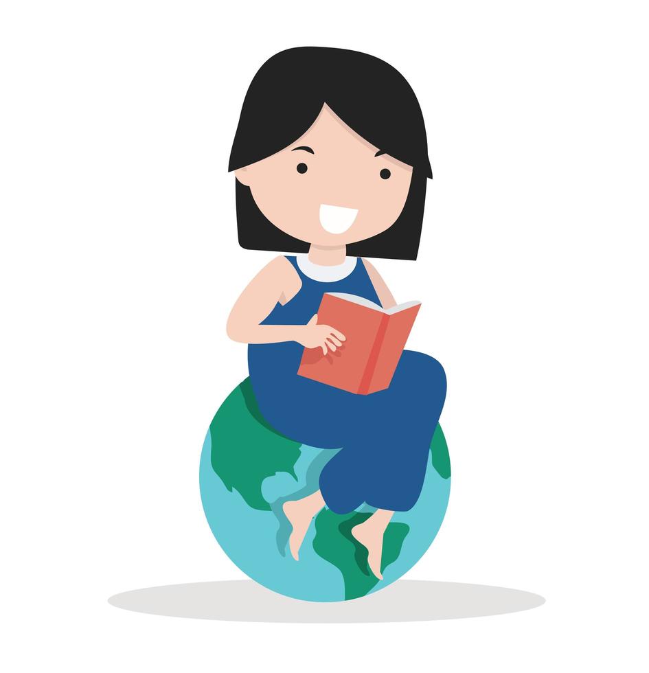 flicka som läser en bok på planeten jorden vektor