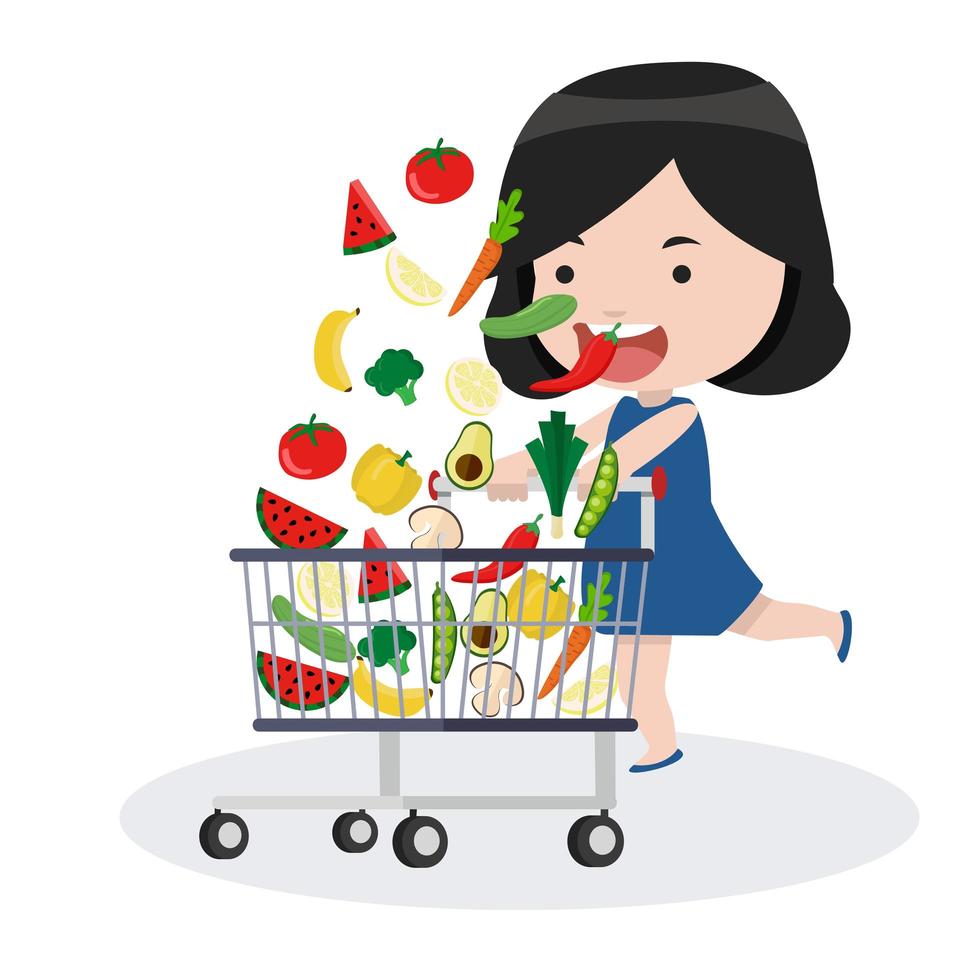 Mädchen mit einem Einkaufswagen und Gemüse vektor