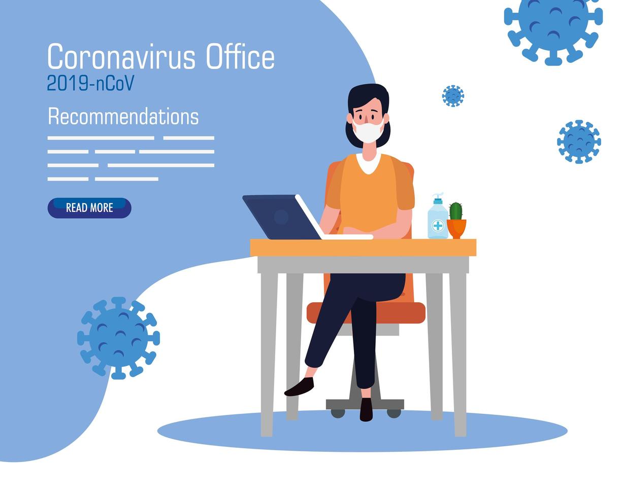 Empfehlungskampagne von 2019 ncov im Büro mit Geschäftsfrau und Ikonen vektor