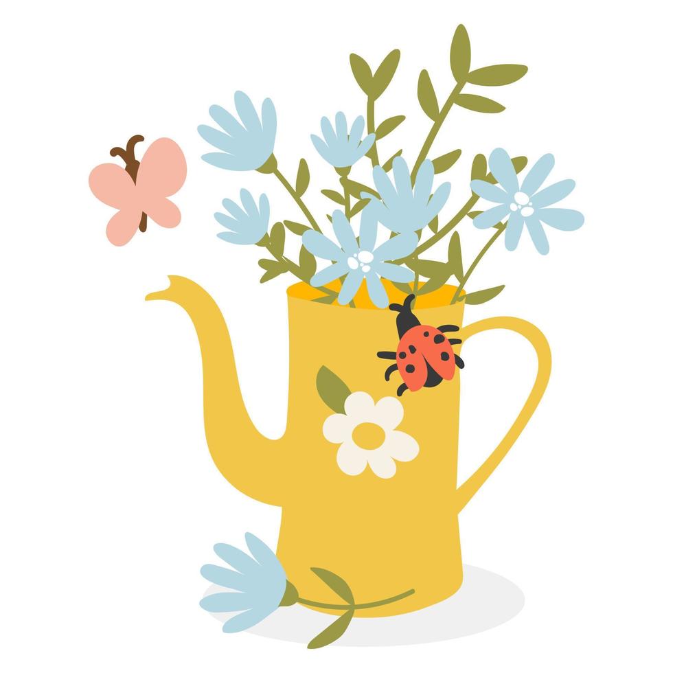 ein Blumenstrauß in einer gelben Teekanne. niedliche frühlingsflache handgezeichnete vektorillustration im karikaturstil, lokalisiert auf einem weißen hintergrund. Zum Bedrucken eines T-Shirts, einer Postkarte für jeden Urlaub vektor
