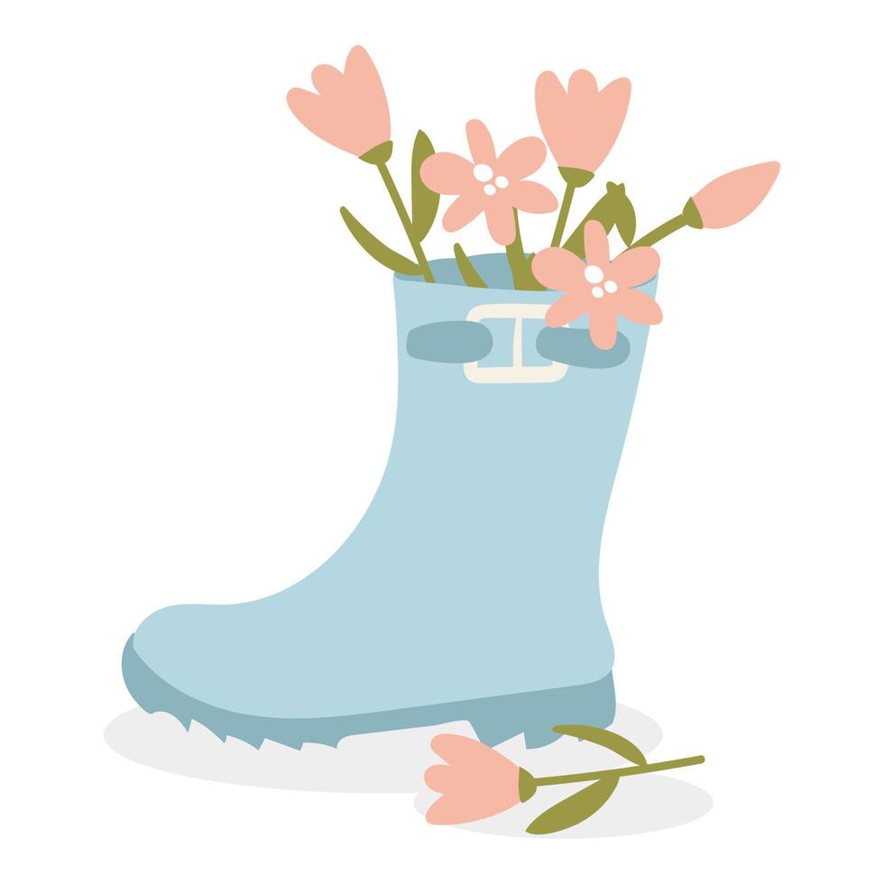 ein Blumenstrauß in einem blauen Gummistiefel. niedliche frühlingsflache handgezeichnete vektorillustration im karikaturstil, lokalisiert auf einem weißen hintergrund. Zum Bedrucken eines T-Shirts, einer Postkarte für jeden Urlaub vektor